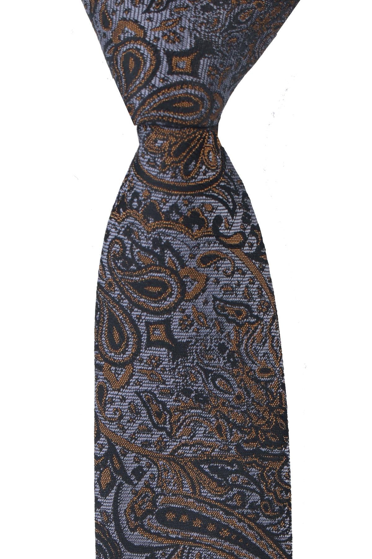 Esgue Dar Kesim Gold - Gri Şal Desen Slim 6 cm. Hand Made Kravat