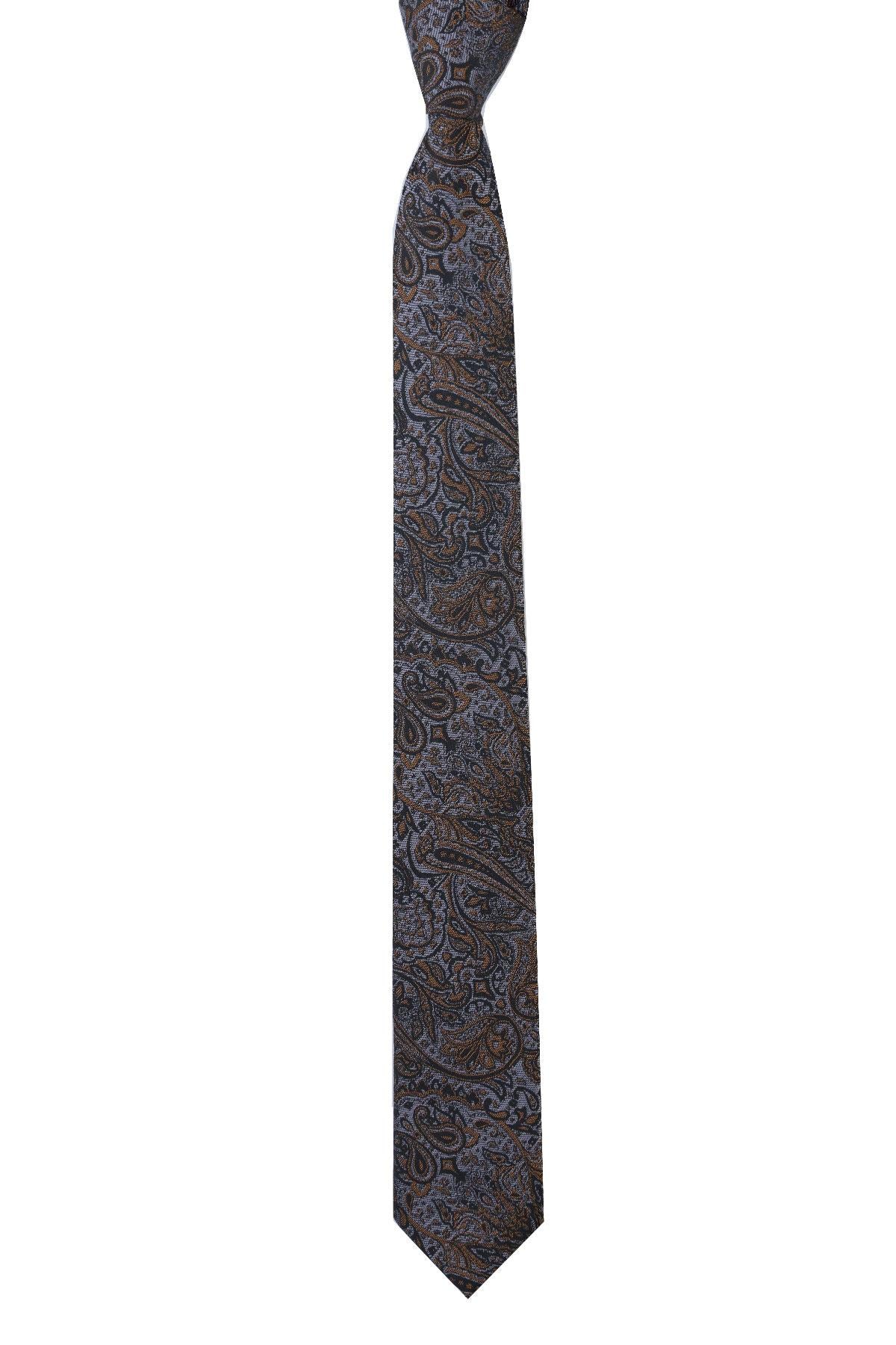Esgue Dar Kesim Gold - Gri Şal Desen Slim 6 cm. Hand Made Kravat