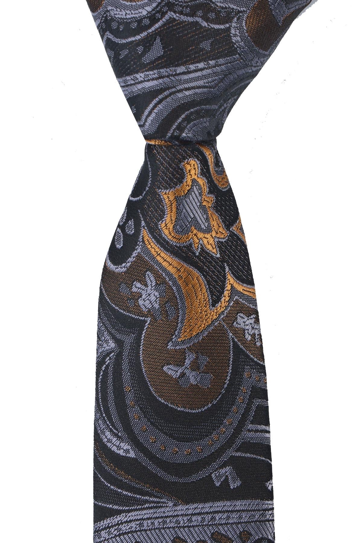 Esgue Dar Kesim Gri - Gold Desenli Slim 6 cm. Hand Made Kravat