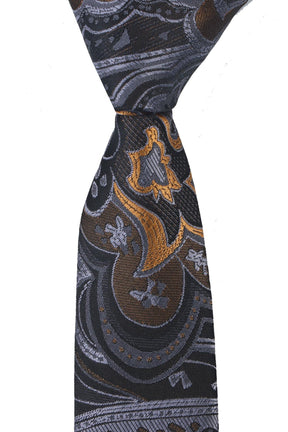 Esgue Dar Kesim Gri - Gold Desenli Slim 6 cm. Hand Made Kravat