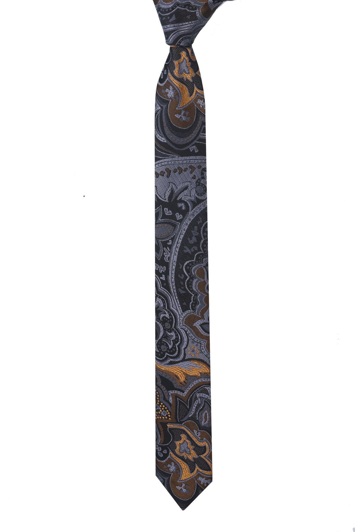 Esgue Dar Kesim Gri - Gold Desenli Slim 6 cm. Hand Made Kravat