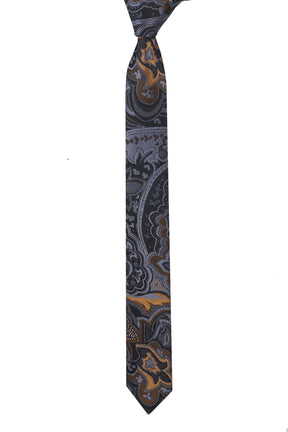 Esgue Dar Kesim Gri - Gold Desenli Slim 6 cm. Hand Made Kravat