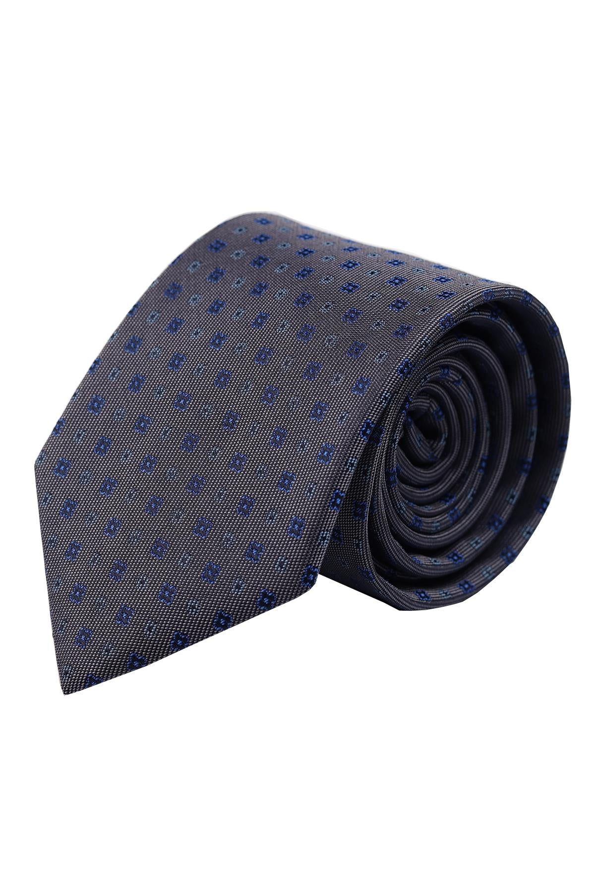 Esgue Dar Kesim Gri - Mavi Desenli Slim 6 cm. Hand Made Kravat