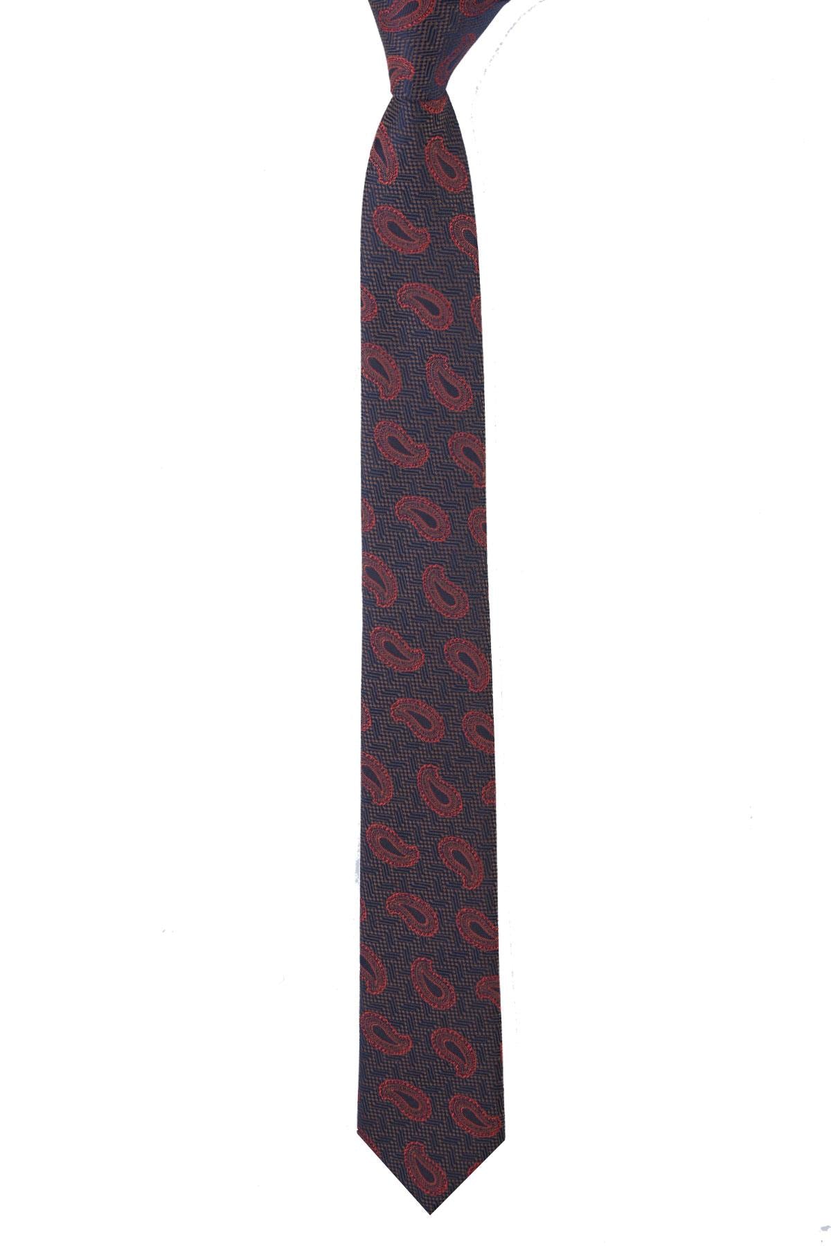 Esgue Dar Kesim Kahve - Bakır Şal Desen Slim 6 cm. Hand Made Kravat