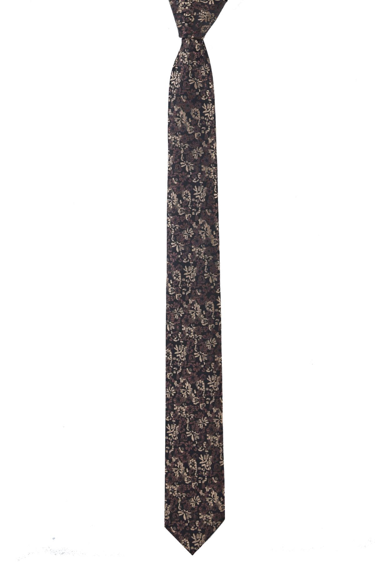 Esgue Dar Kesim Kahve -Bej Çiçek Desenli Slim 6 cm. Hand Made Kravat