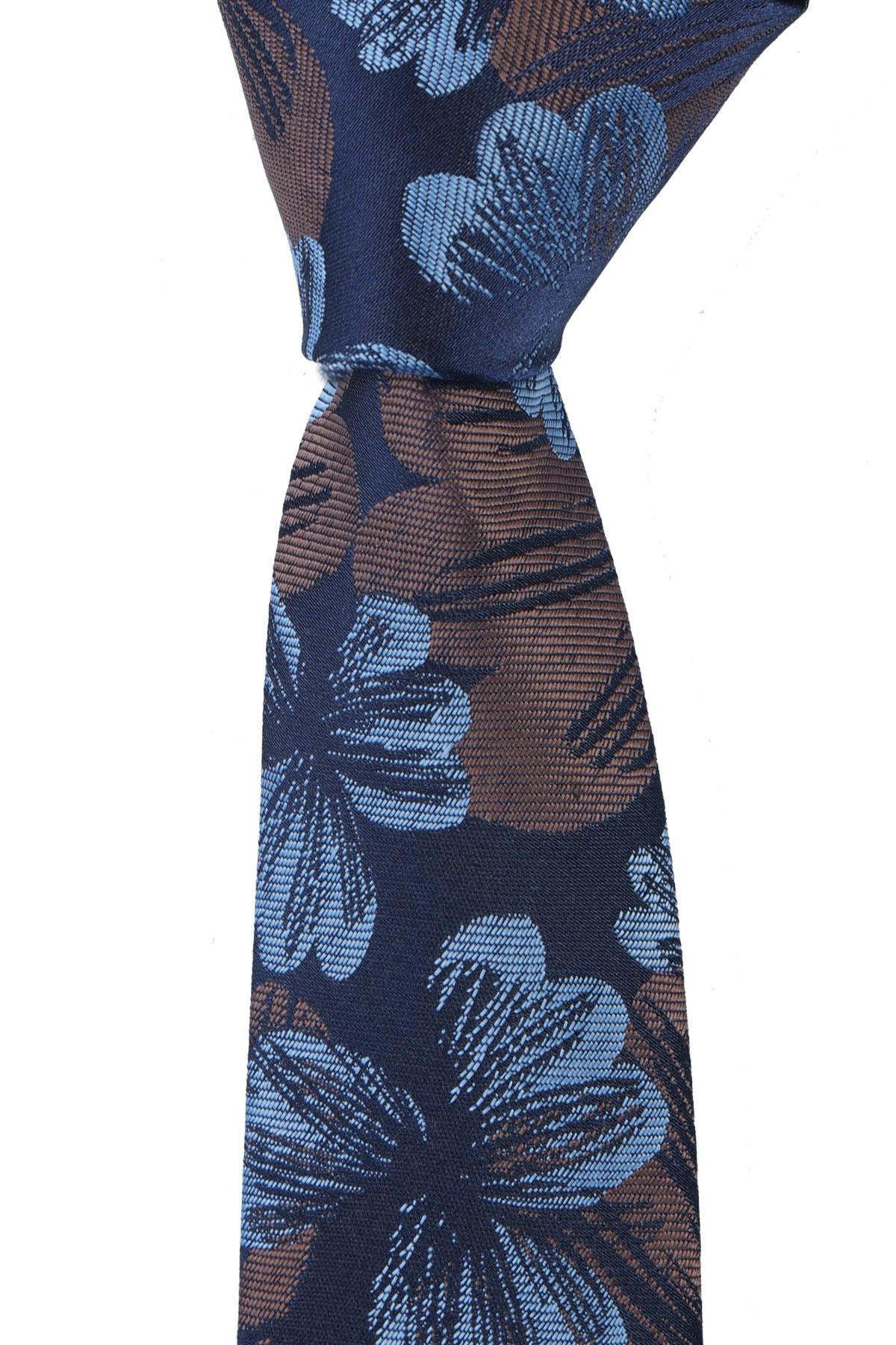 Esgue Dar Kesim Kahve - Mavi Çiçek Desenli Slim 6 cm. Hand Made Kravat