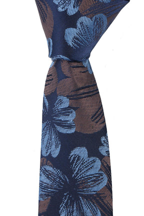 Esgue Dar Kesim Kahve - Mavi Çiçek Desenli Slim 6 cm. Hand Made Kravat