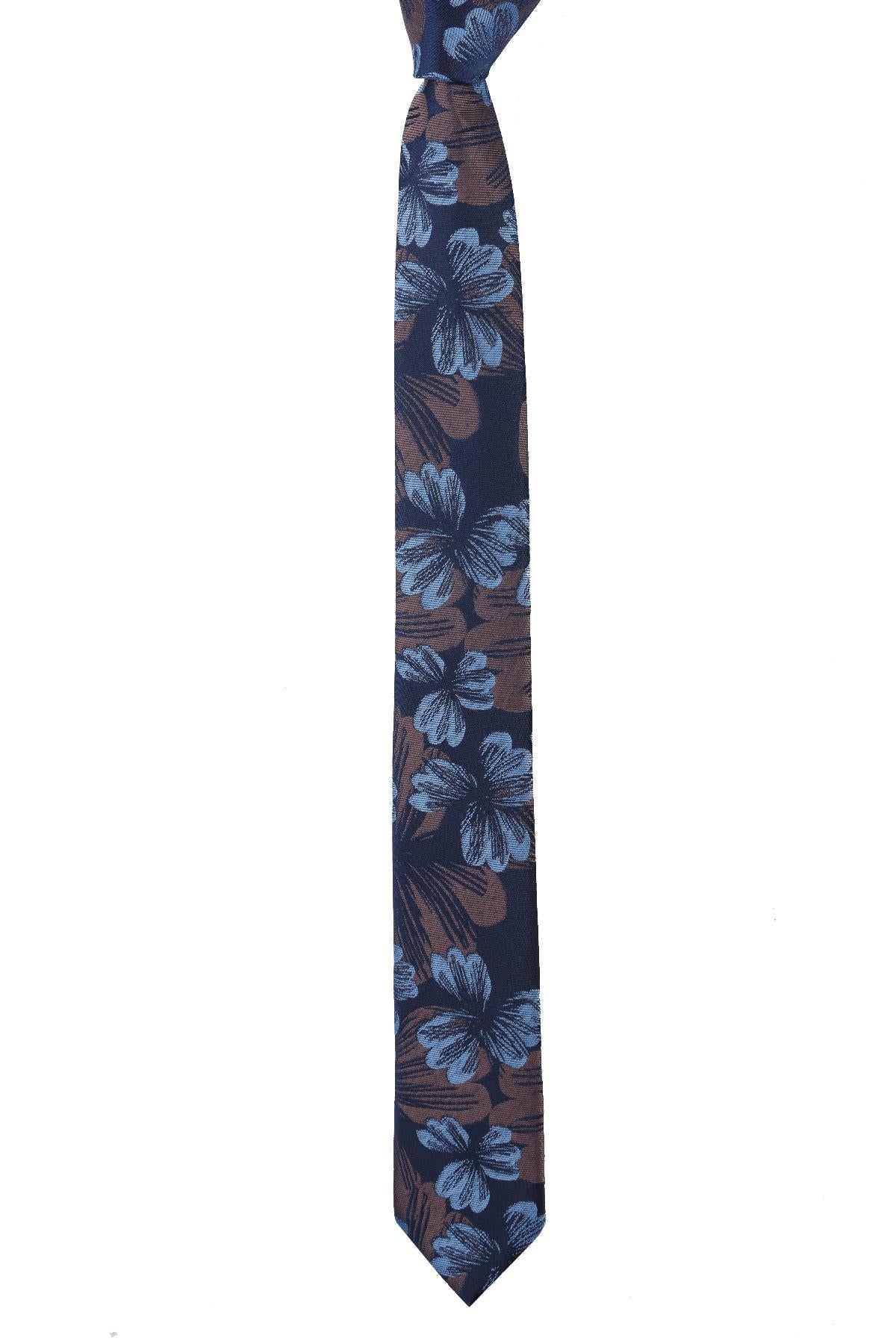 Esgue Dar Kesim Kahve - Mavi Çiçek Desenli Slim 6 cm. Hand Made Kravat