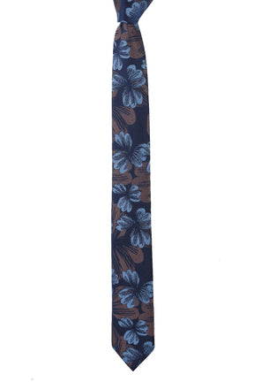 Esgue Dar Kesim Kahve - Mavi Çiçek Desenli Slim 6 cm. Hand Made Kravat