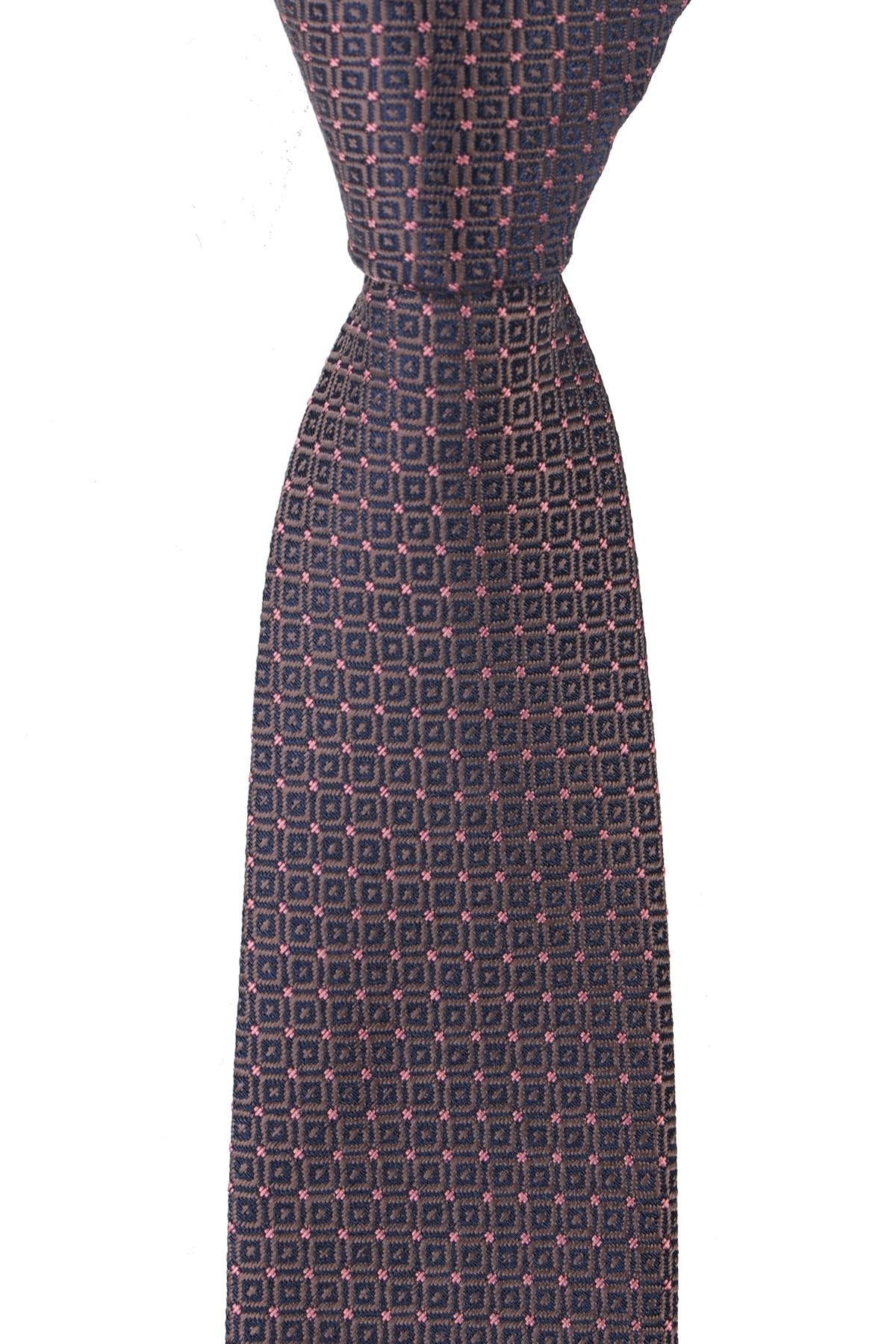 Esgue Dar Kesim Kahve - Pembe Desenli Slim 6 cm. Hand Made Kravat