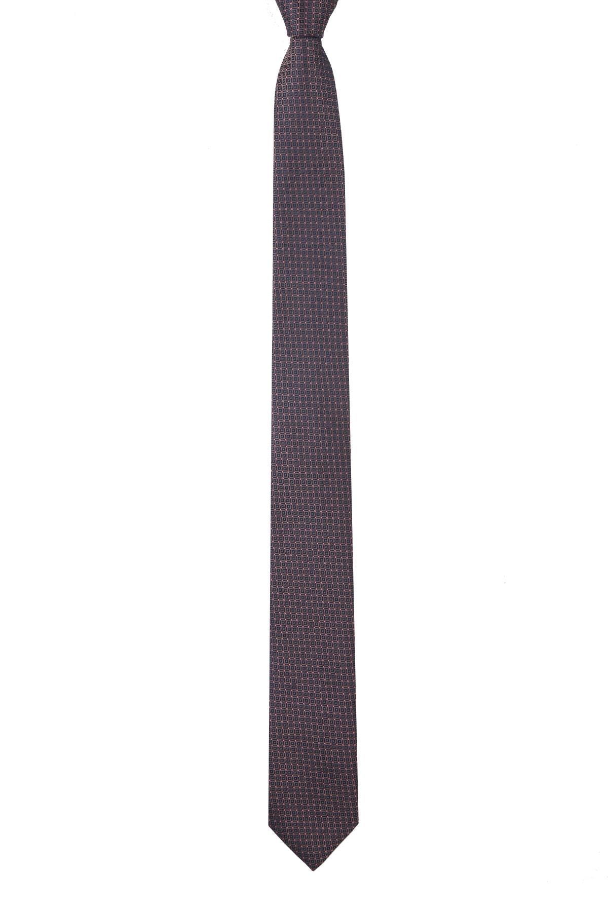 Esgue Dar Kesim Kahve - Pembe Desenli Slim 6 cm. Hand Made Kravat