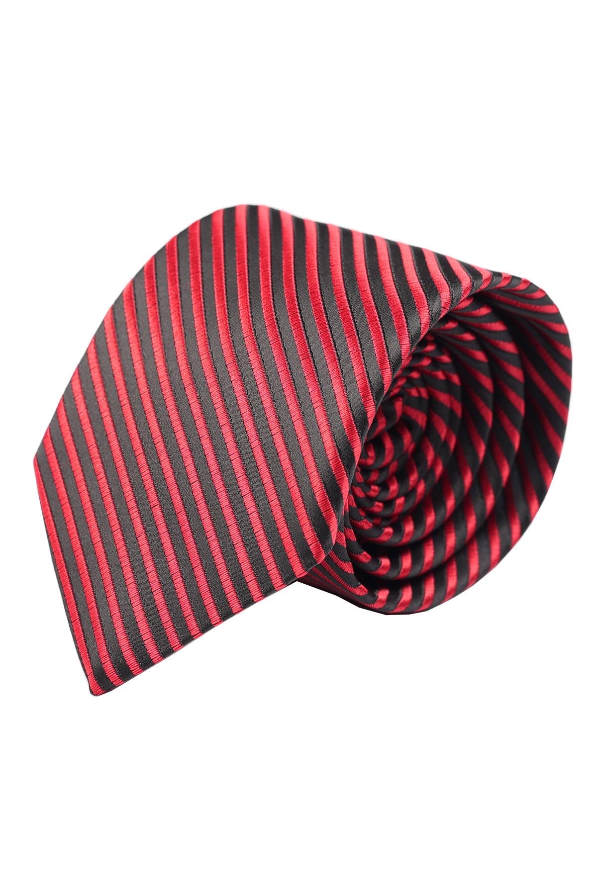 Esgue Dar Kesim Kırmızı - Siyah Çizgili Slim 6 cm. Hand Made Kravat