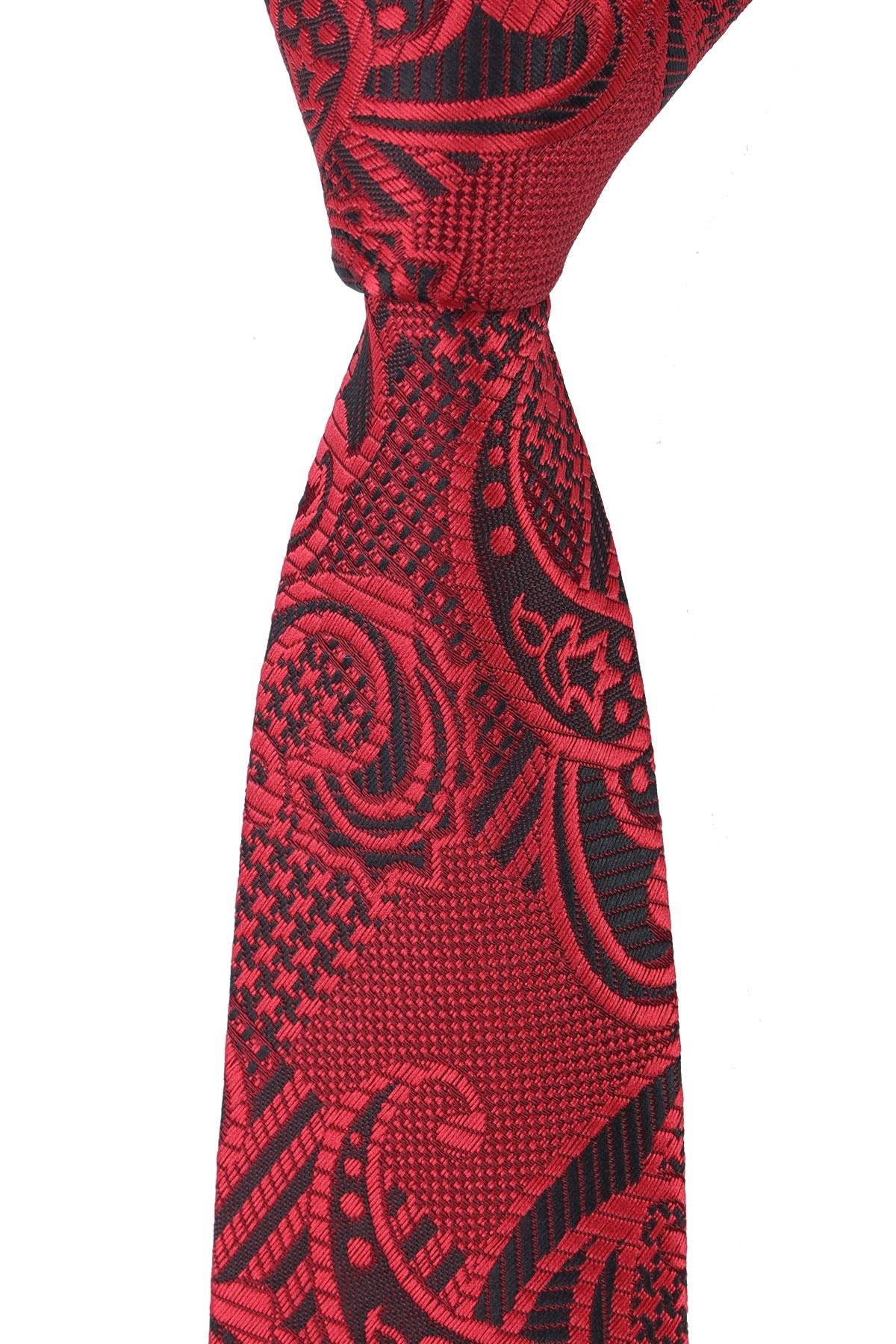 Esgue Dar Kesim Kırmızı - Siyah Şal Desen Slim 6 cm. Hand Made Kravat