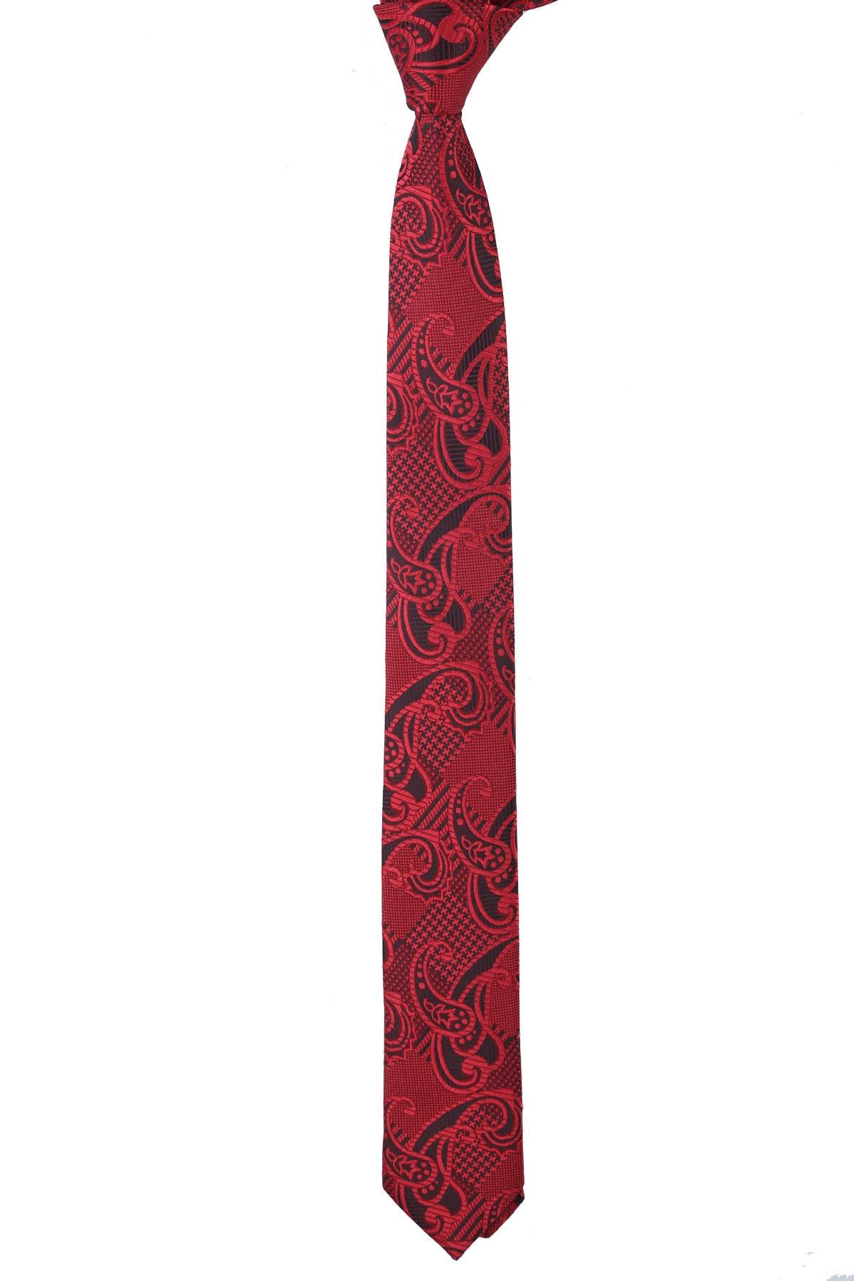 Esgue Dar Kesim Kırmızı - Siyah Şal Desen Slim 6 cm. Hand Made Kravat