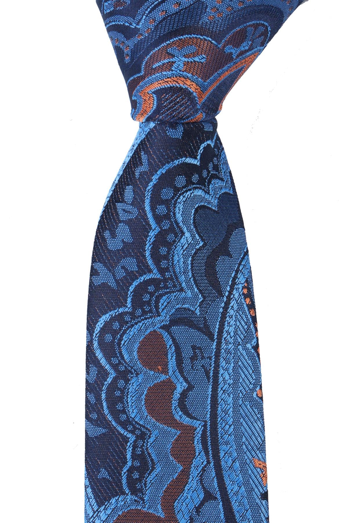 Esgue Dar Kesim Mavi Desenli Slim 6 cm. Hand Made Kravat