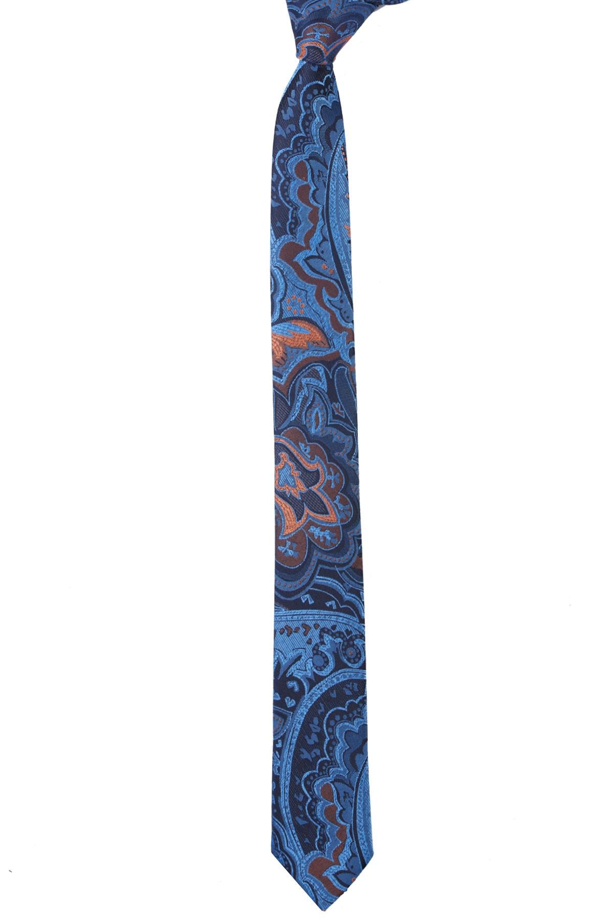 Esgue Dar Kesim Mavi Desenli Slim 6 cm. Hand Made Kravat