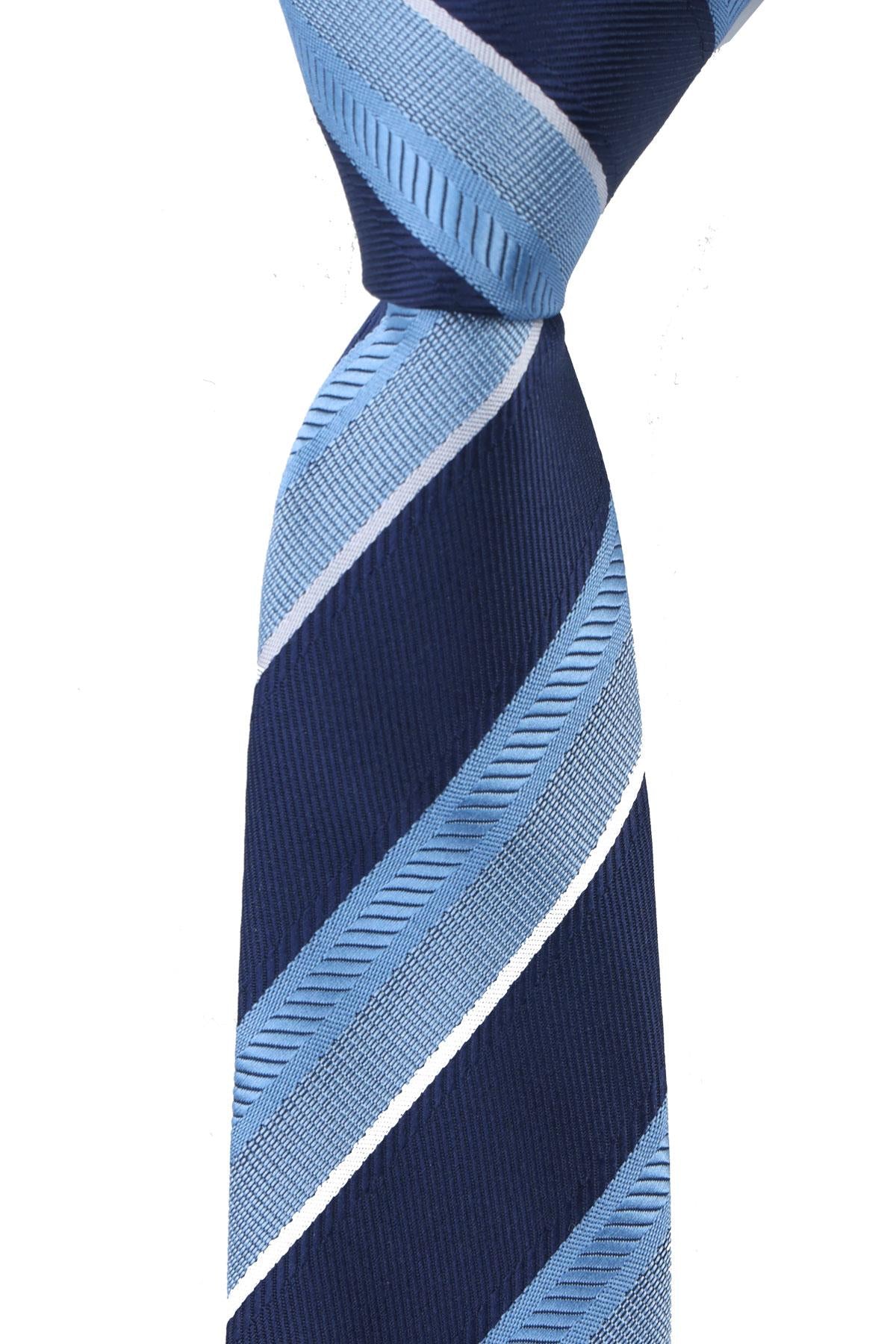 Esgue Dar Kesim Mavi - Lacivert Çizgili Slim 6 cm. Hand Made Kravat