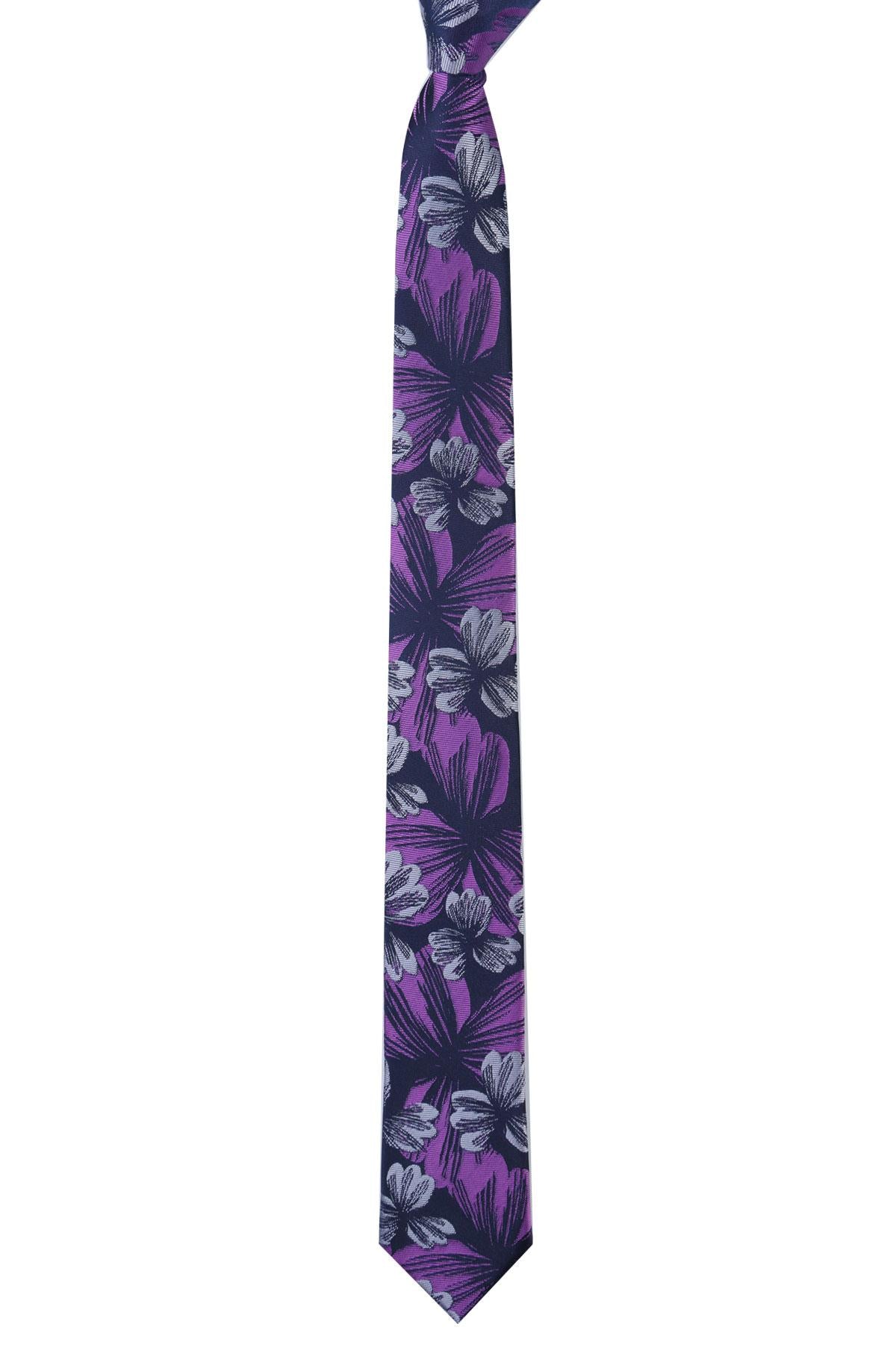 Esgue Dar Kesim Mor - Gri Çiçek Desenli Slim 6 cm. Hand Made Kravat