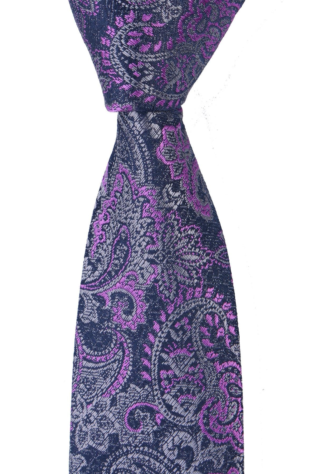 Esgue Dar Kesim Mor -Gri Şal Desen Slim 6 cm. Hand Made Kravat