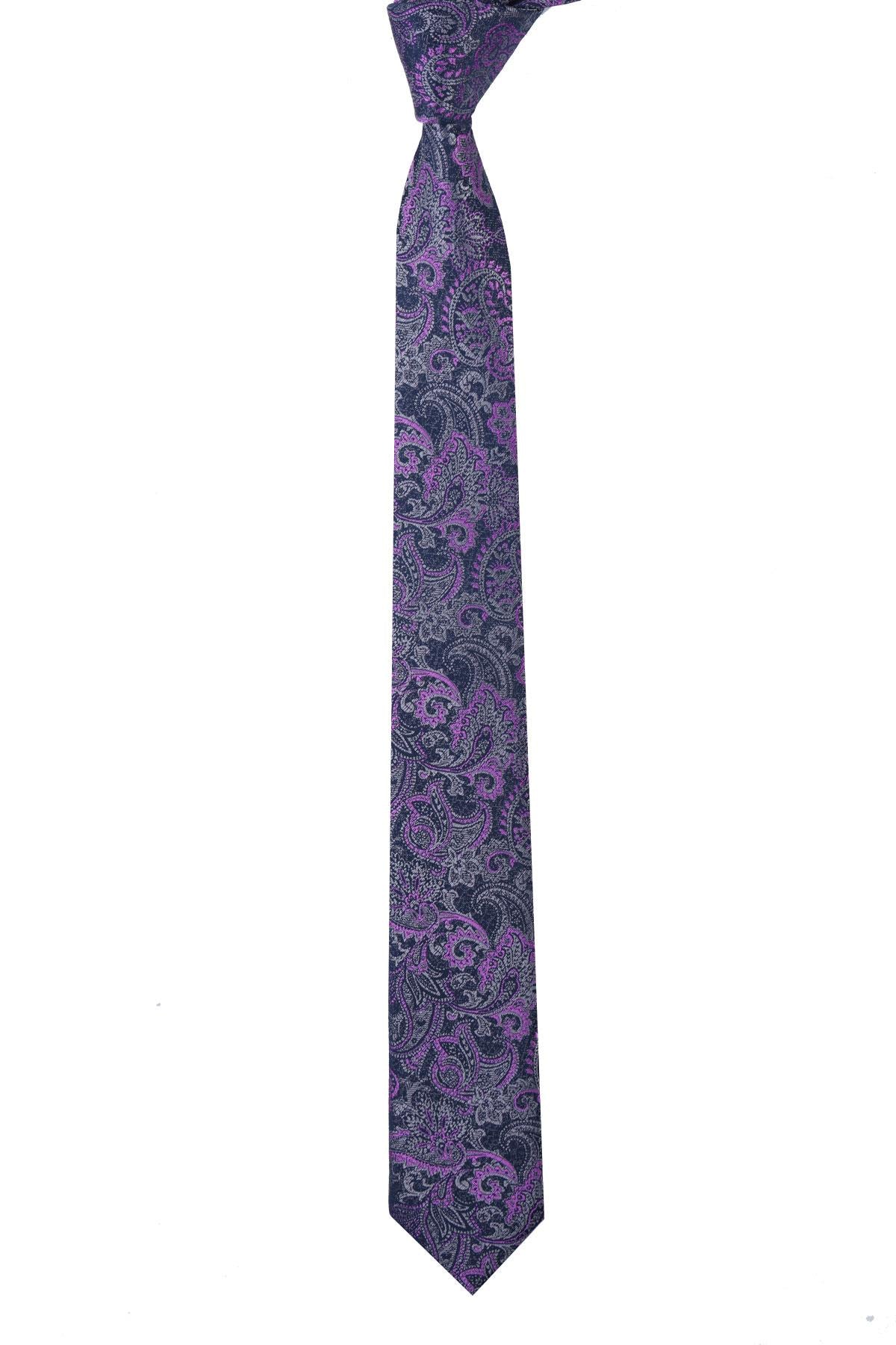 Esgue Dar Kesim Mor -Gri Şal Desen Slim 6 cm. Hand Made Kravat