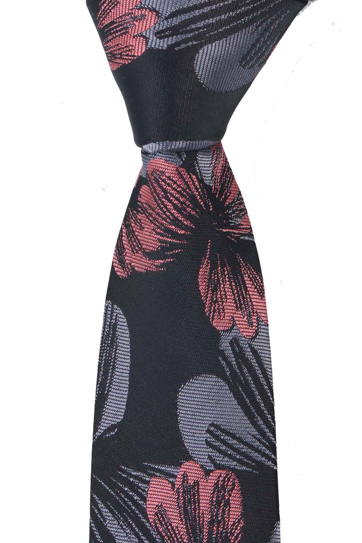Esgue Dar Kesim Gri & Somon Çiçek Desenli Slim 6 cm. Hand Made Kravat