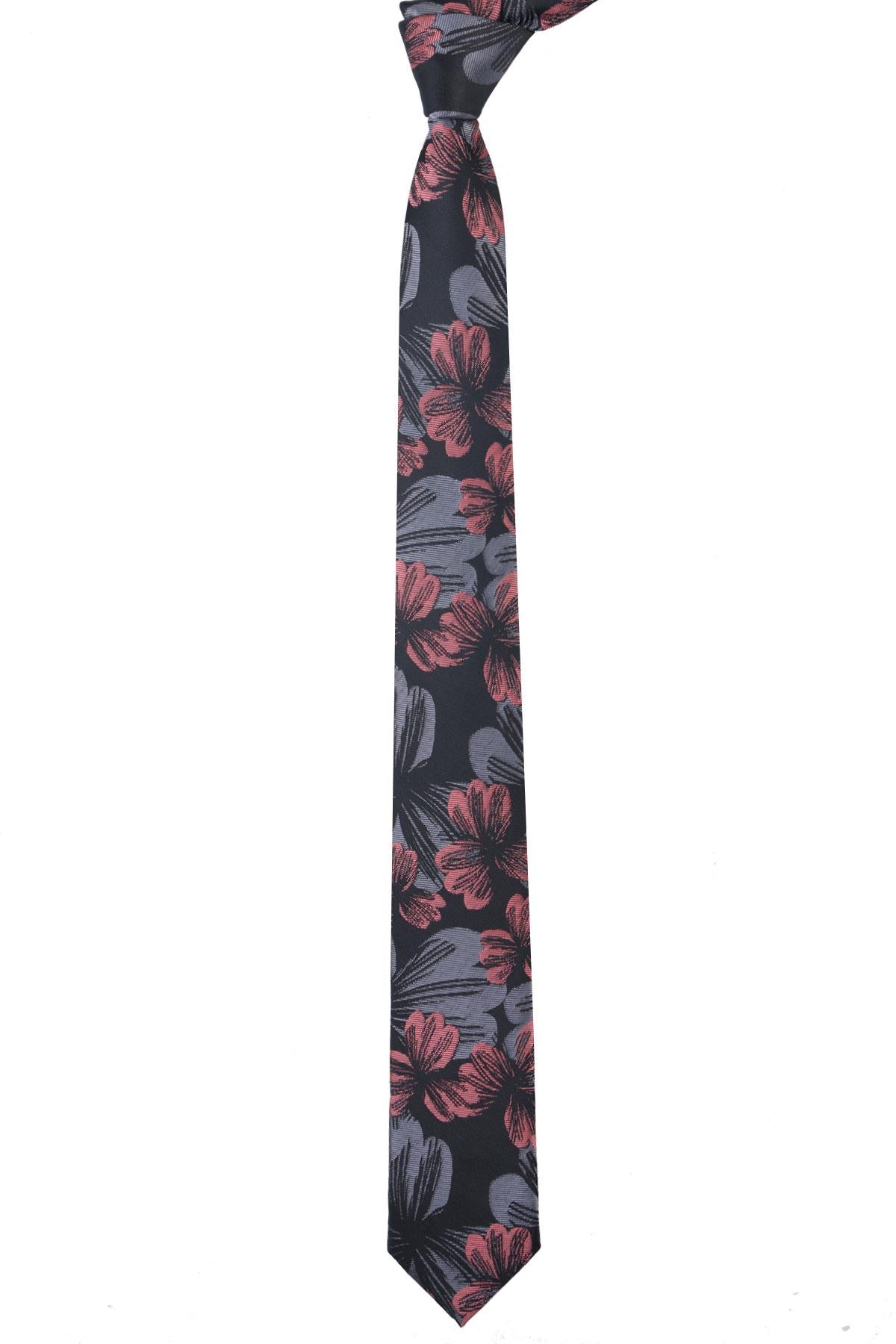 Esgue Dar Kesim Gri & Somon Çiçek Desenli Slim 6 cm. Hand Made Kravat