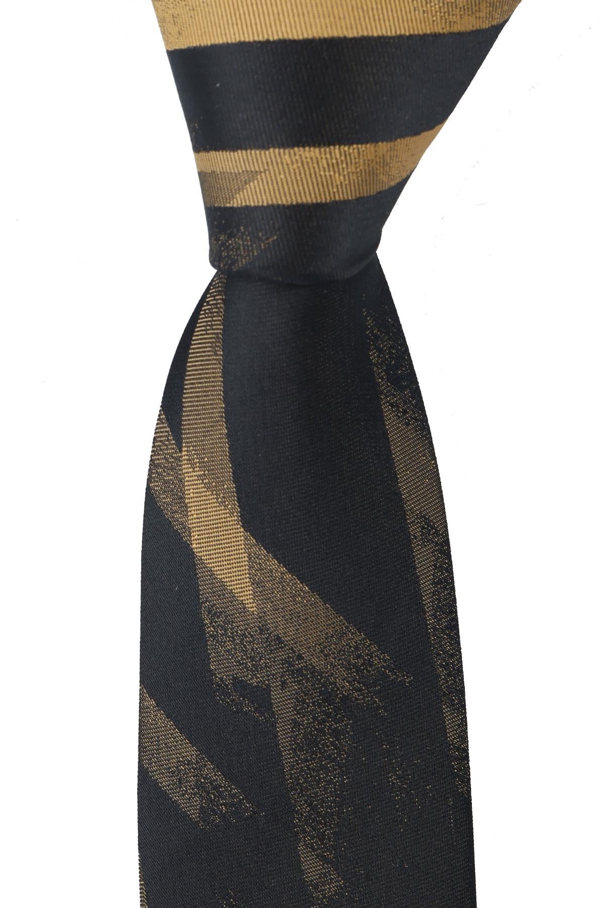 Esgue Dar Kesim Siyah -Gold Çizgili Slim 6 cm. Hand Made Kravat