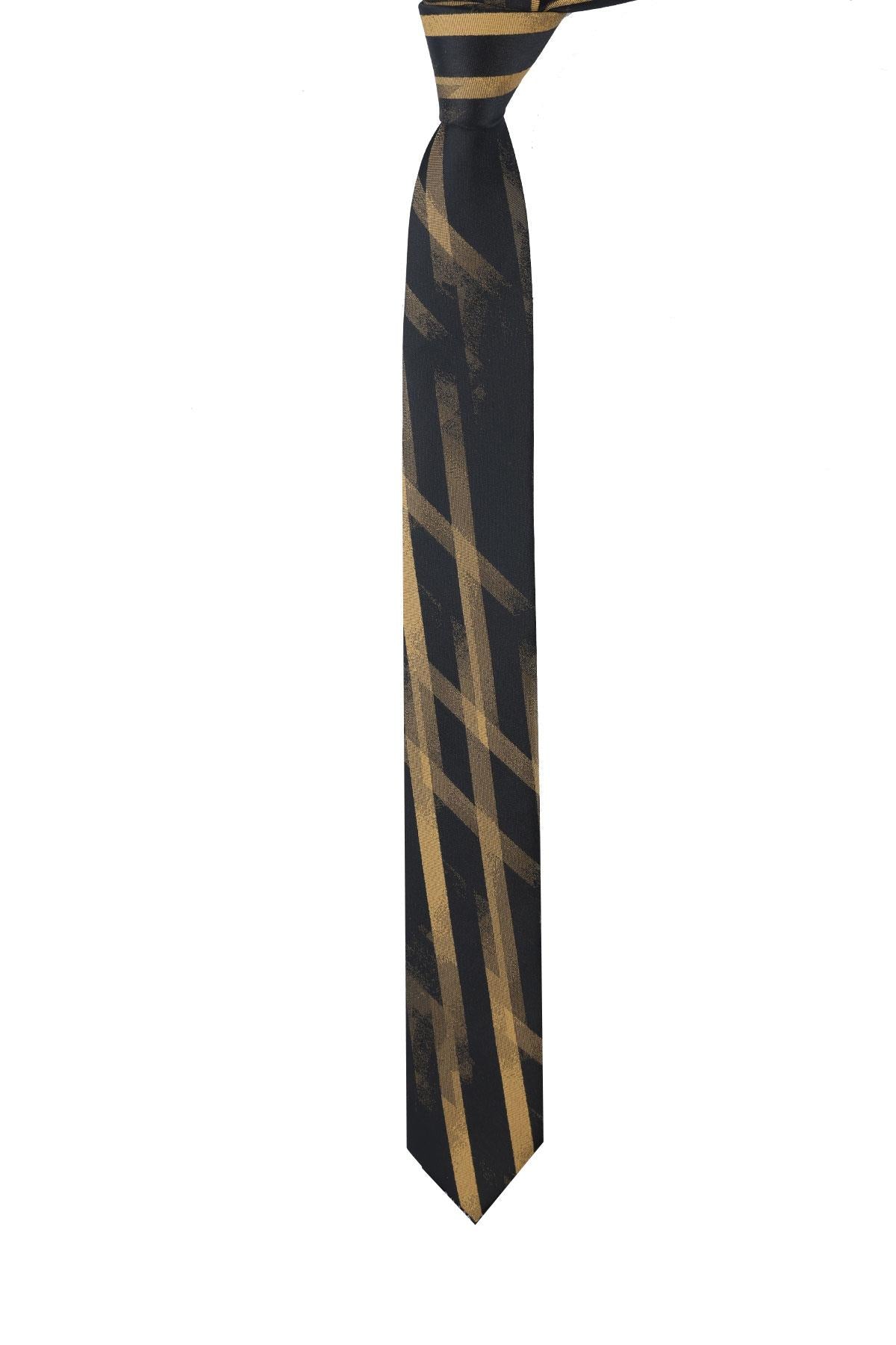 Esgue Dar Kesim Siyah -Gold Çizgili Slim 6 cm. Hand Made Kravat