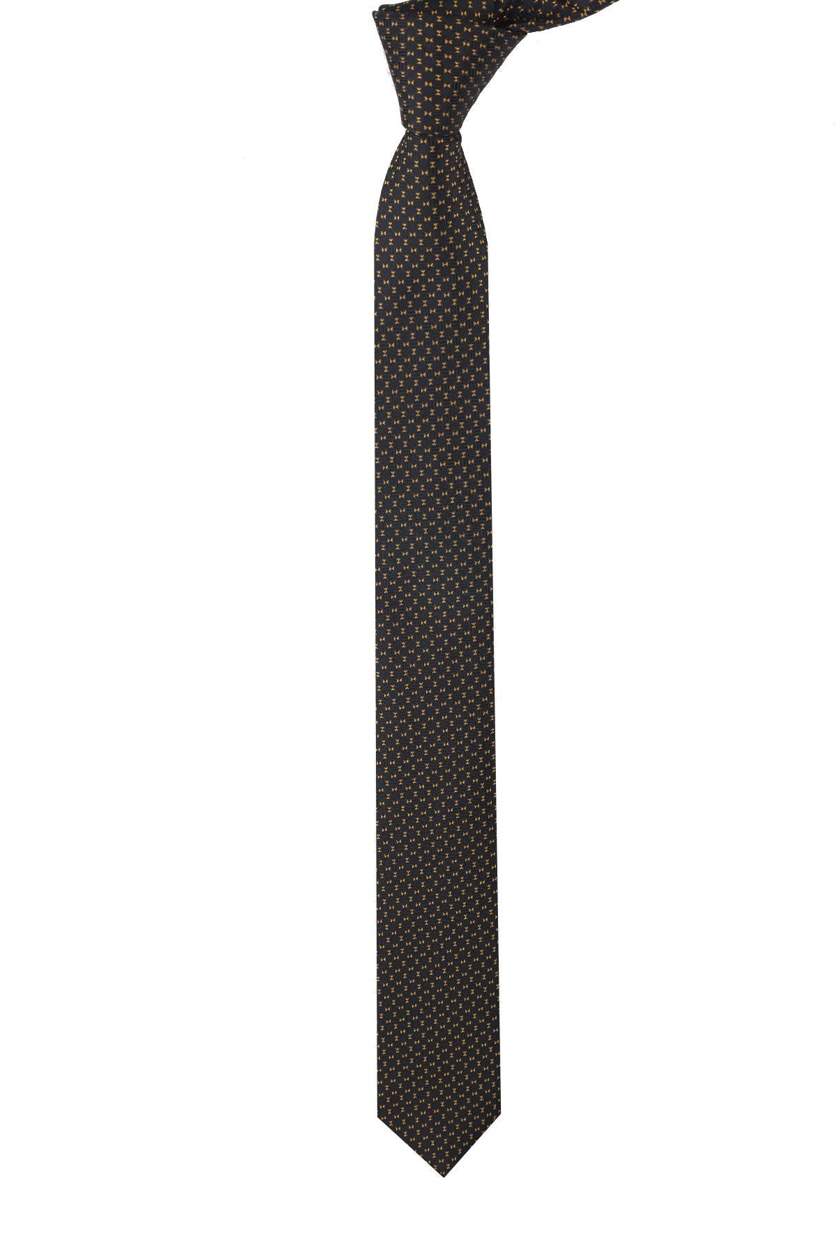 Esgue Dar Kesim Siyah - Gold Desenli Slim 6 cm. Hand Made Kravat