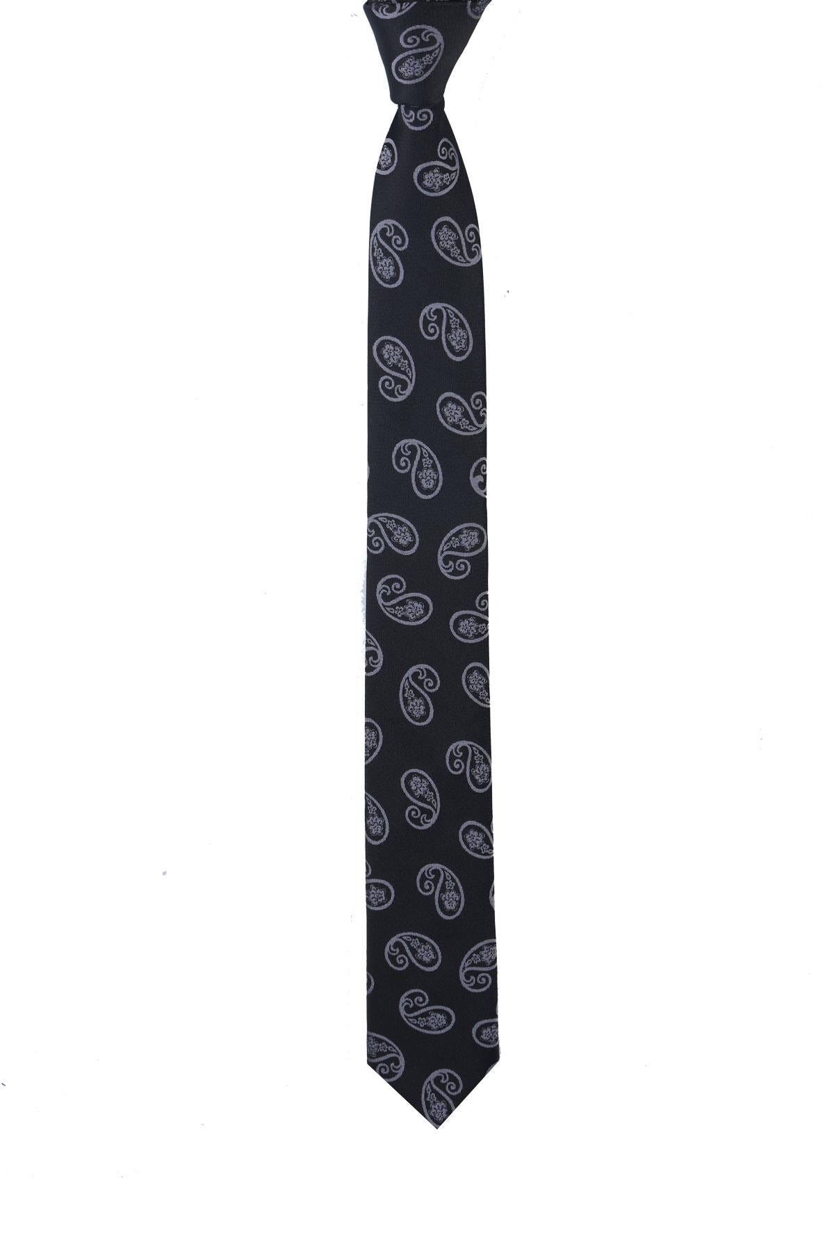 Esgue Dar Kesim Siyah - Gri Şal Desen Slim 6 cm. Hand Made Kravat