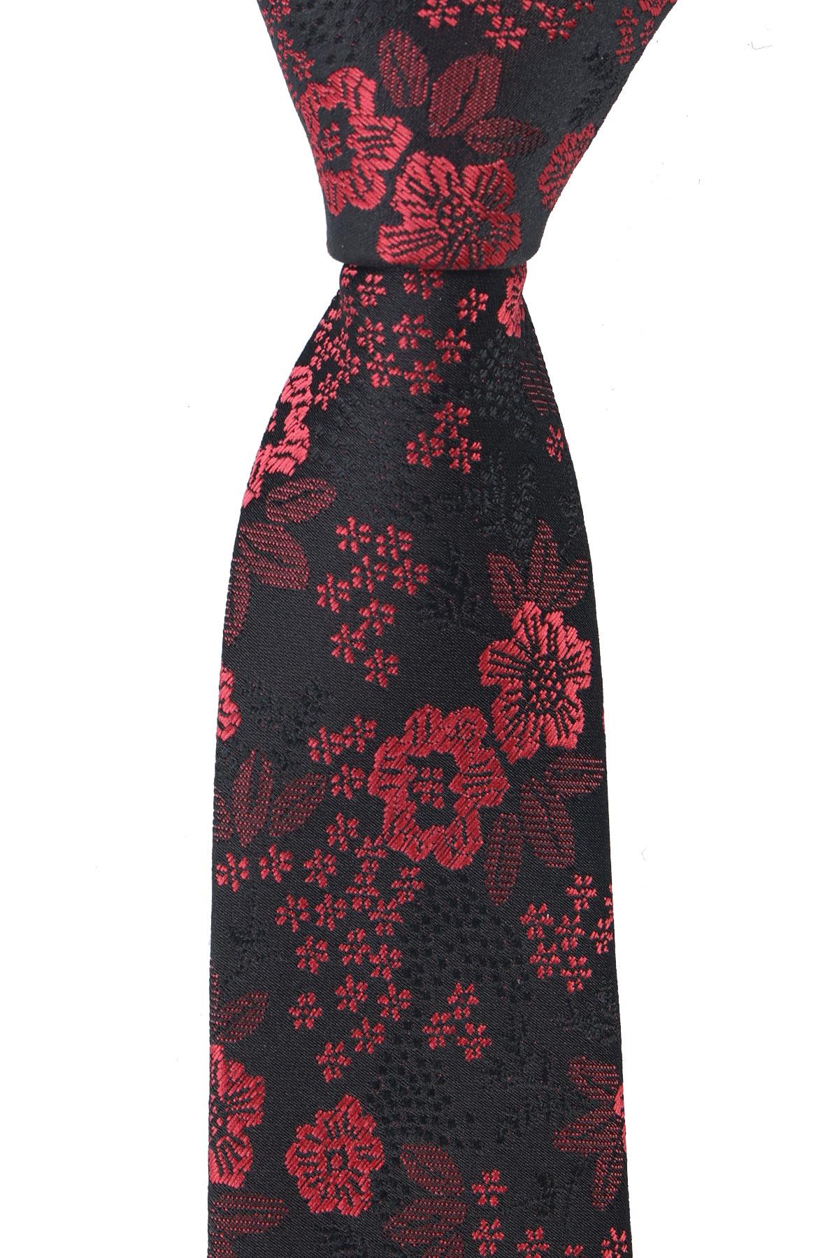Esgue Dar Kesim Siyah -Pembe Çiçek Desenli Slim 6 cm. Hand Made Kravat