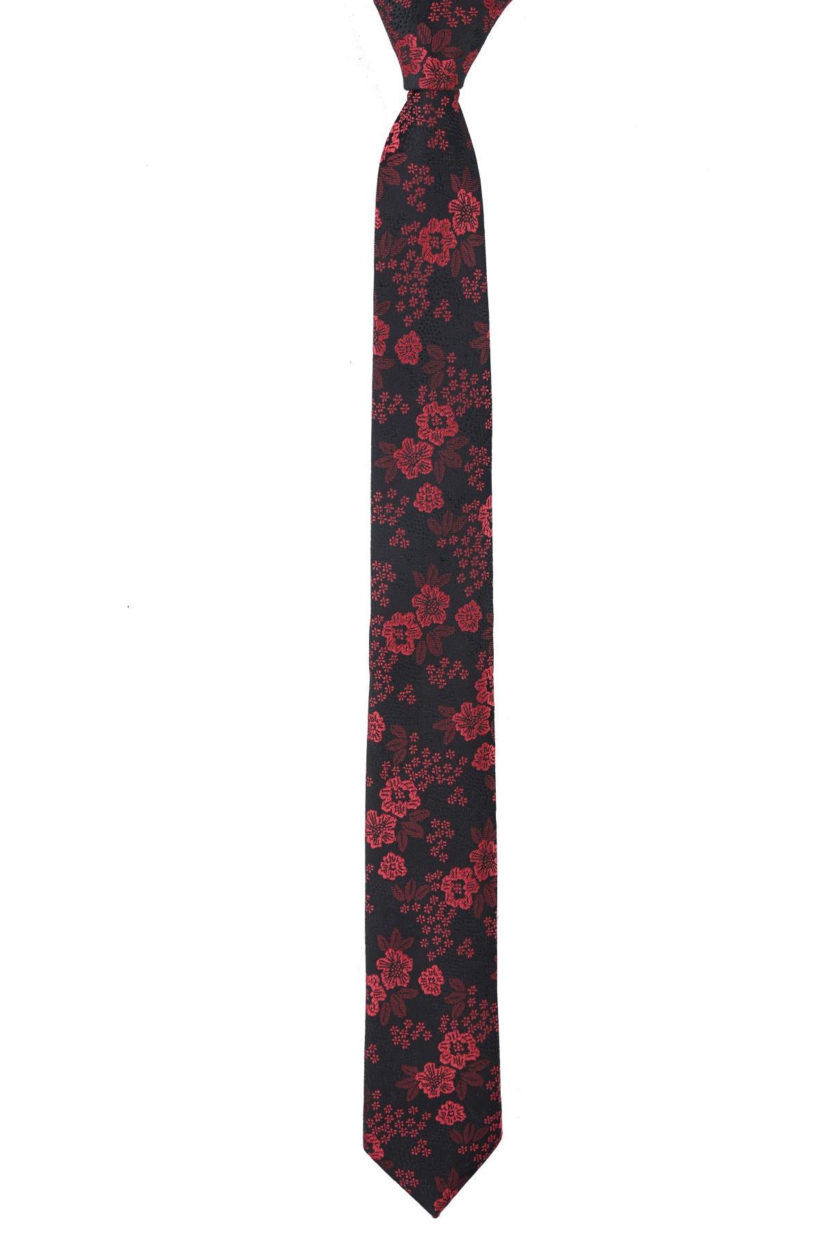 Esgue Dar Kesim Siyah -Pembe Çiçek Desenli Slim 6 cm. Hand Made Kravat