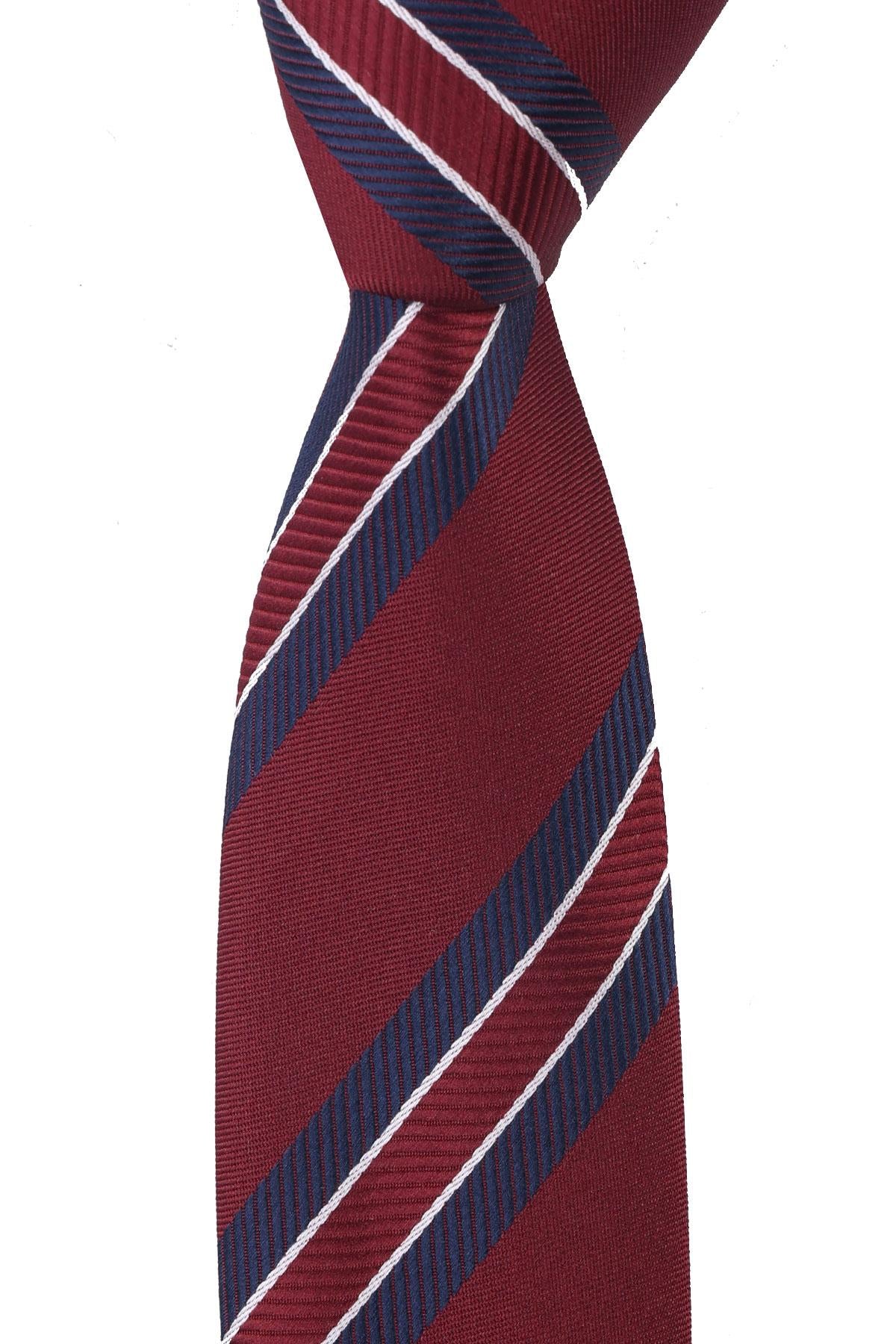 Esgue Dar Kesim Slim Bordo - Lacivert Çizgili 6 cm. Hand Made Kravat