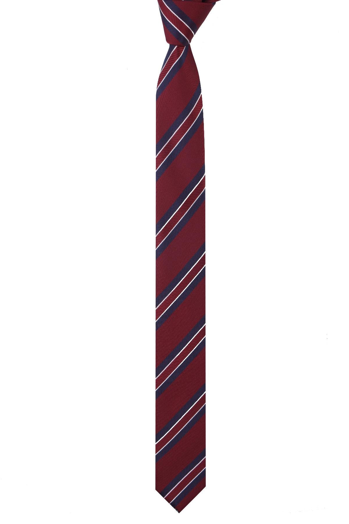 Esgue Dar Kesim Slim Bordo - Lacivert Çizgili 6 cm. Hand Made Kravat