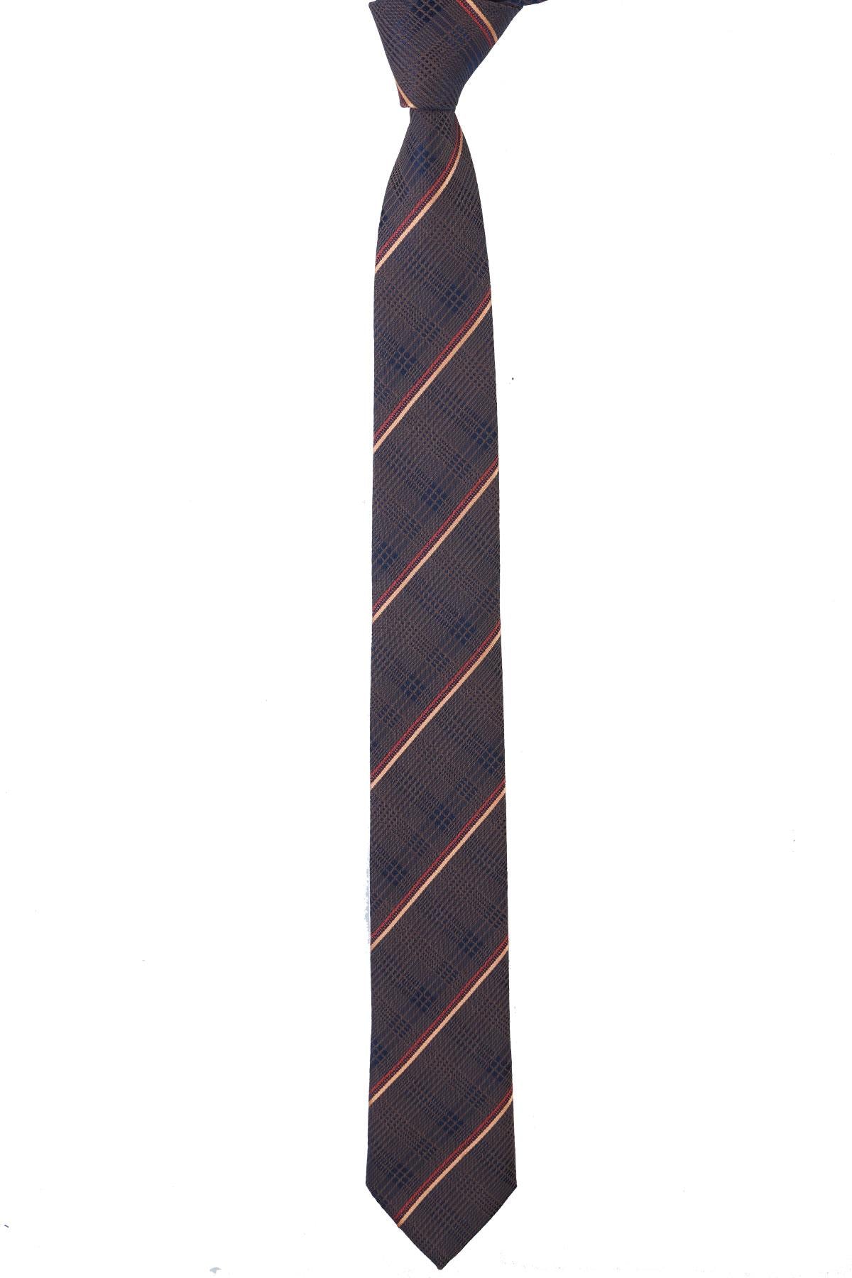 Esgue Dar Kesim Slim Kahve - Sarı Çizgili 6 cm. Hand Made Kravat