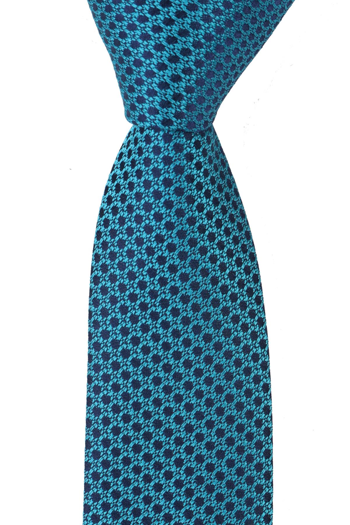 Esgue Dar Kesim Slim Lacivert - Turkuaz Desenli 6 cm. Hand Made Kravat