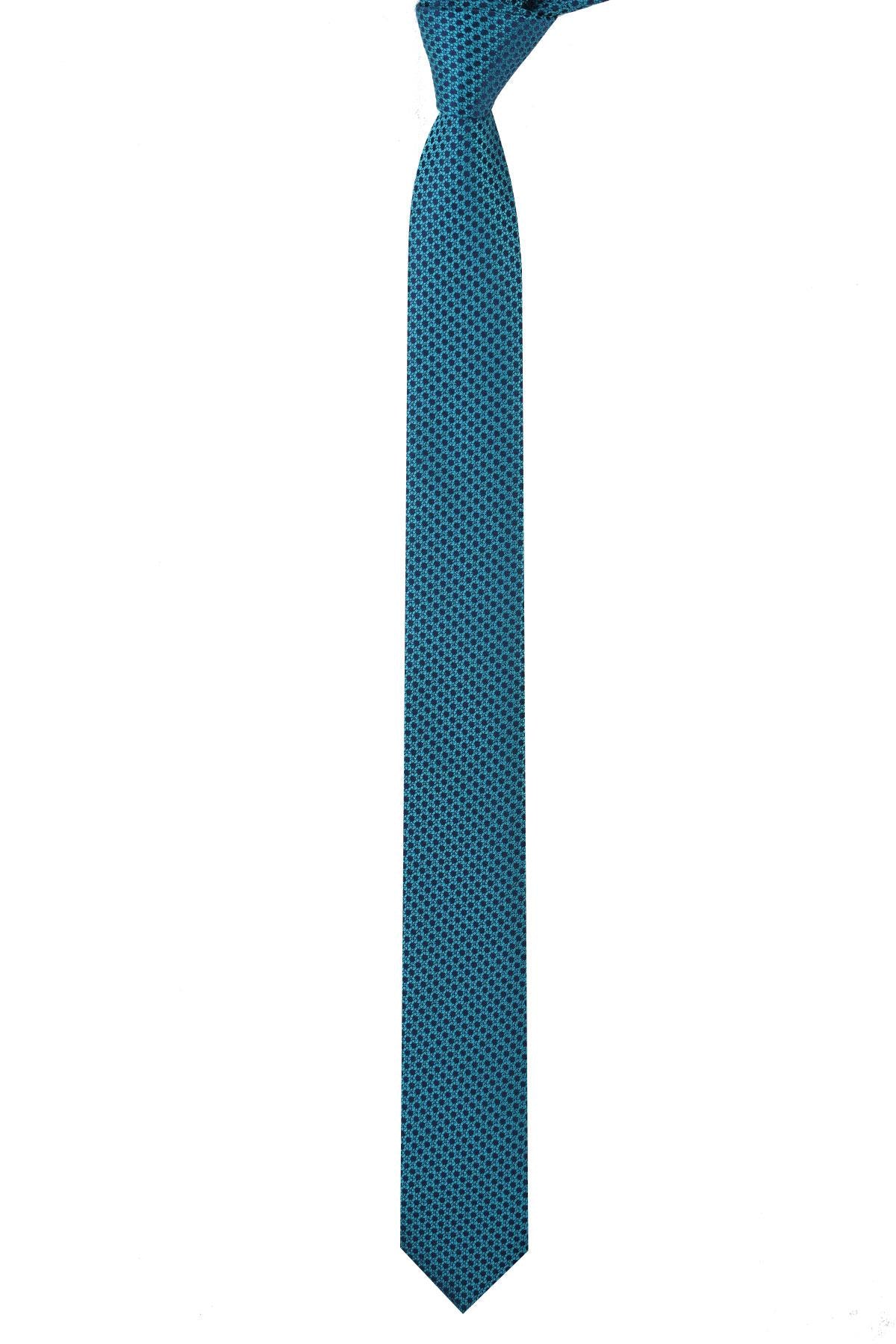 Esgue Dar Kesim Slim Lacivert - Turkuaz Desenli 6 cm. Hand Made Kravat