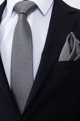 Esgue Hand Made Çizgili Sİyah Gri Kravat & Mendil