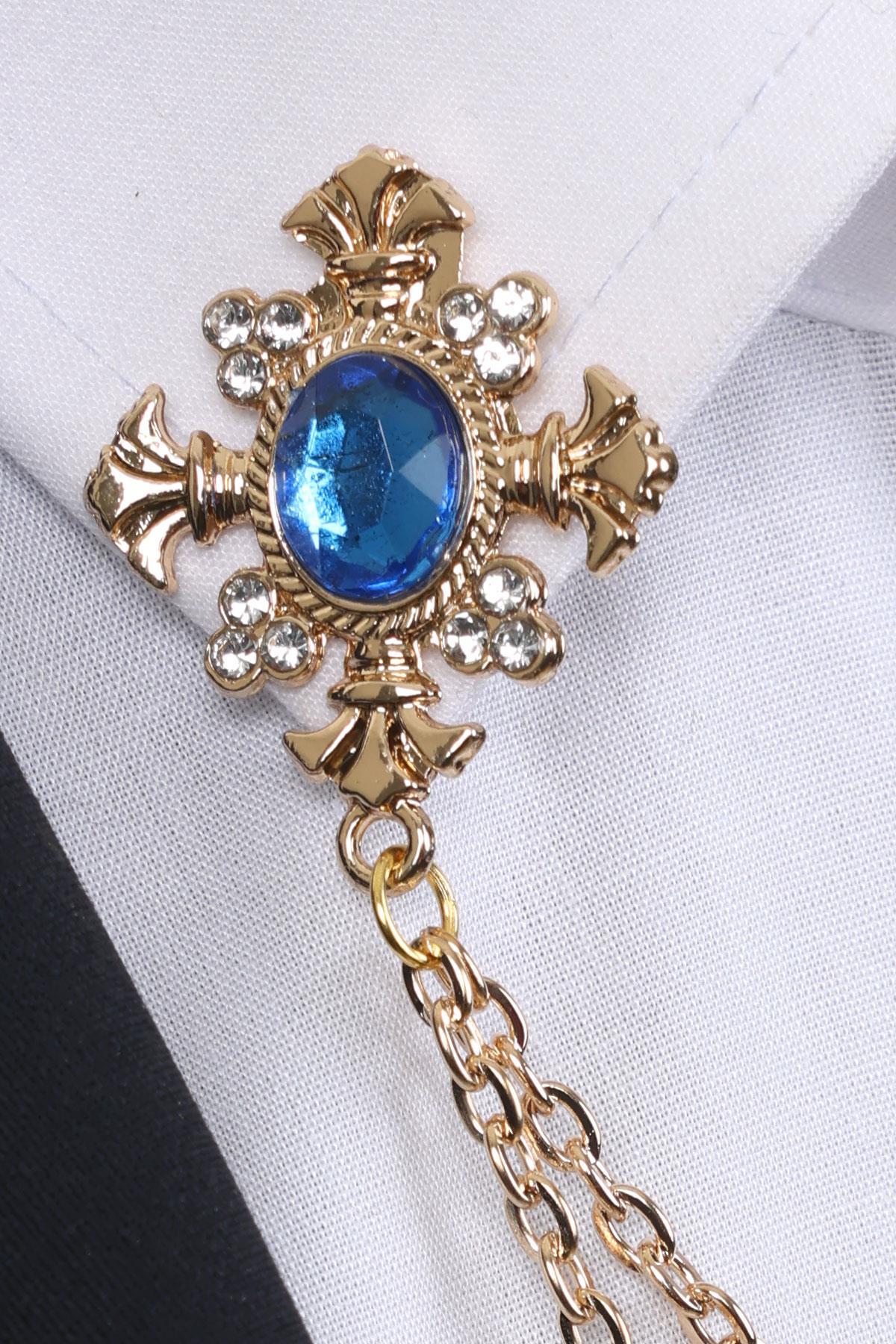 Esgue Gold Renk Mavi Beyaz Taşlı Zincirli Gömlek Yaka Broşu