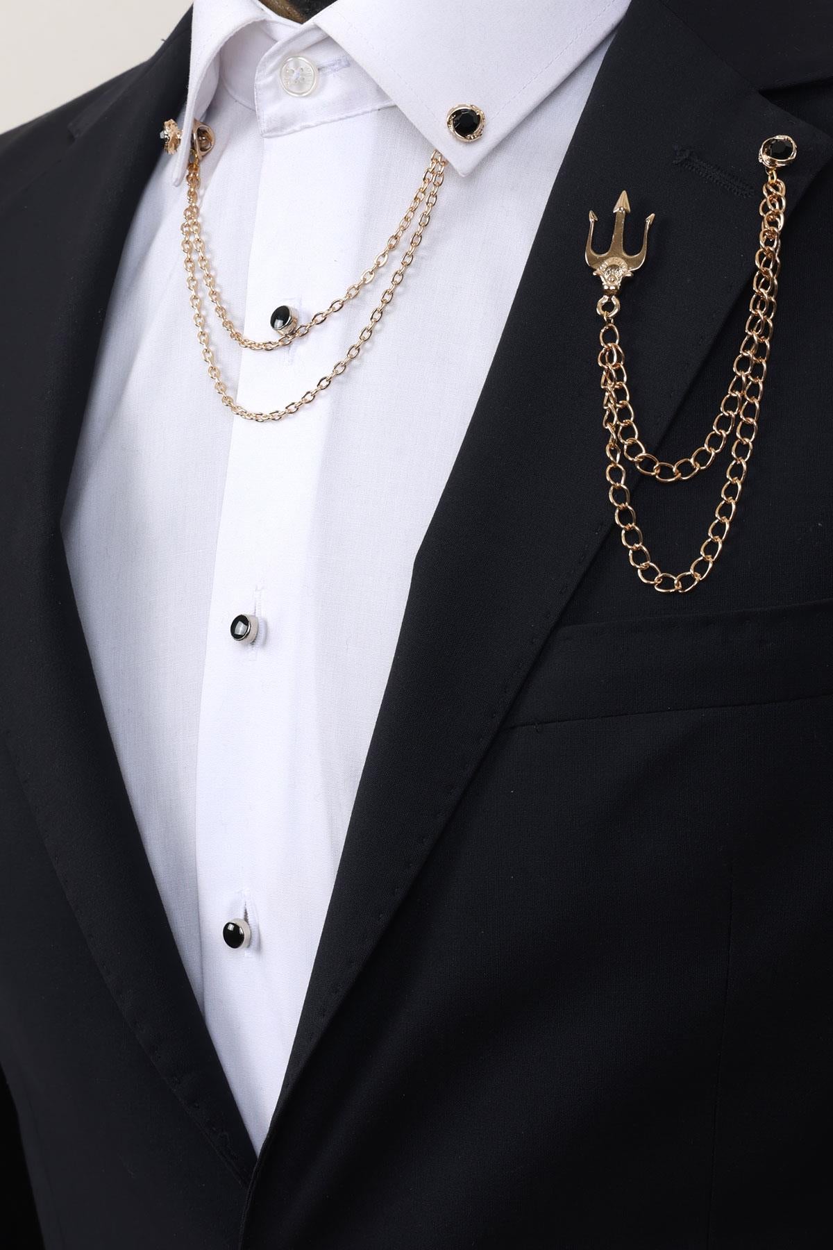 Esgue Gold Renk Poseidon Kılıcı Ceket Yaka Broşu & Taşlı Gömlek Yaka Set