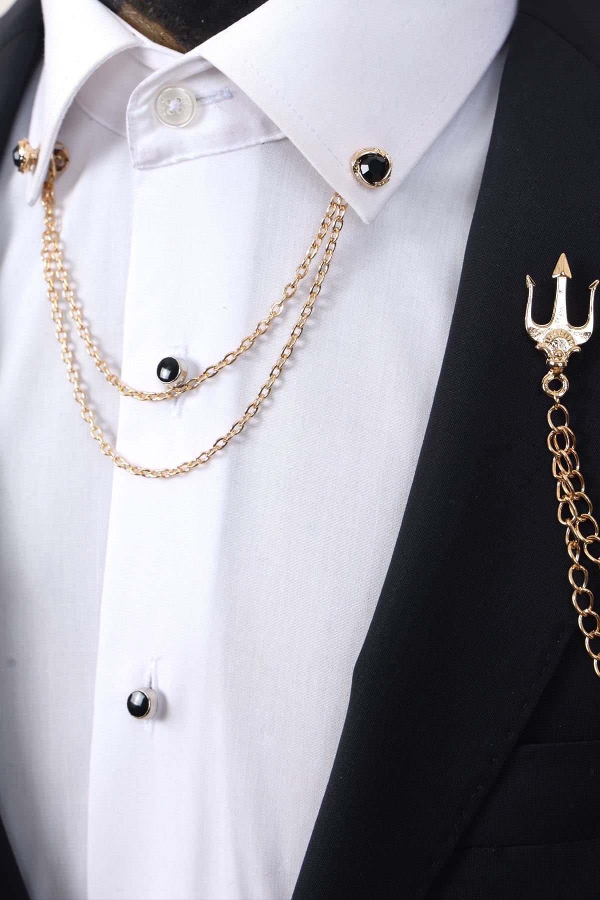 Esgue Gold Renk Poseidon Kılıcı Ceket Yaka Broşu & Taşlı Gömlek Yaka Set