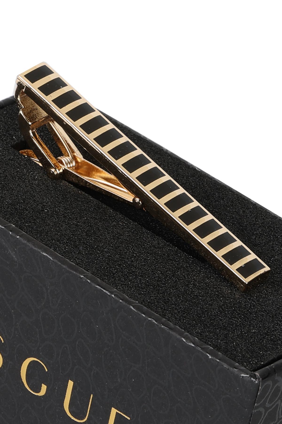 Esgue Gold Siyah Renk Çizgili Klasik Kravat Klipsi – KM:1265