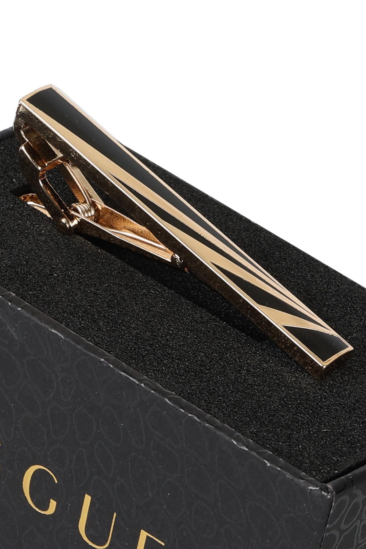 Esgue Gold Siyah Renk Çizgili Modern Tasarım Kravat Klipsi – KM:5256