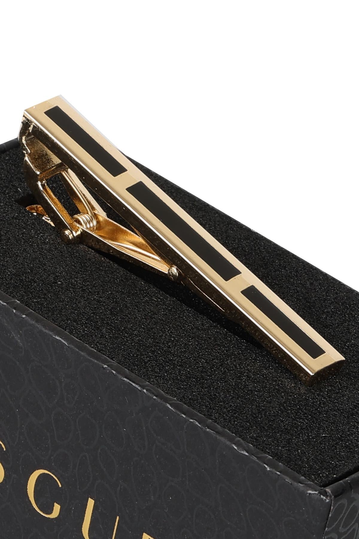 Esgue Gold Siyah Renk Dikdörtgen Bölmeli Modern Kravat Klipsi – KM:1262