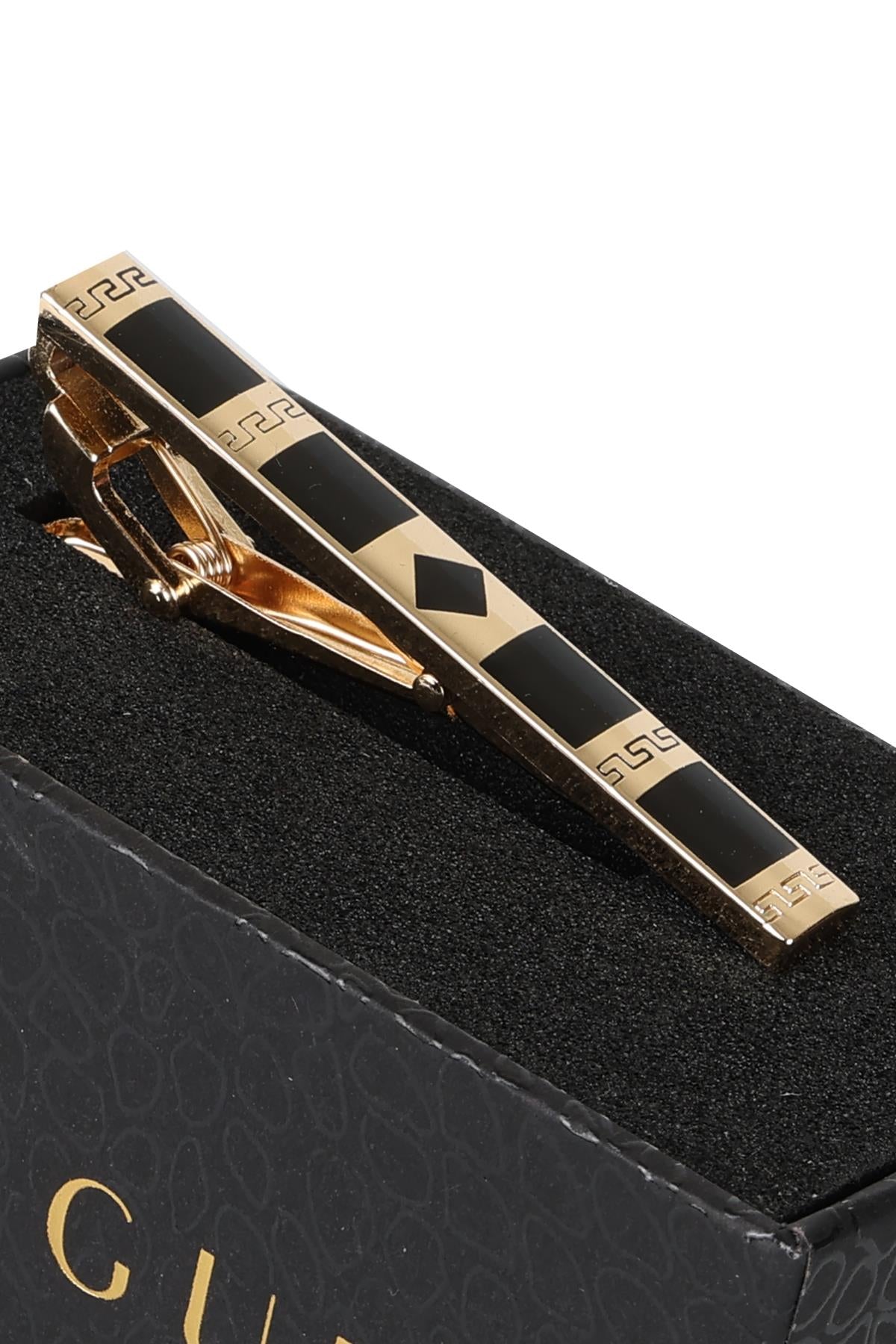 Esgue Gold Siyah Renk Geometrik Parçalı Modern Kravat Klipsi – KM:1260