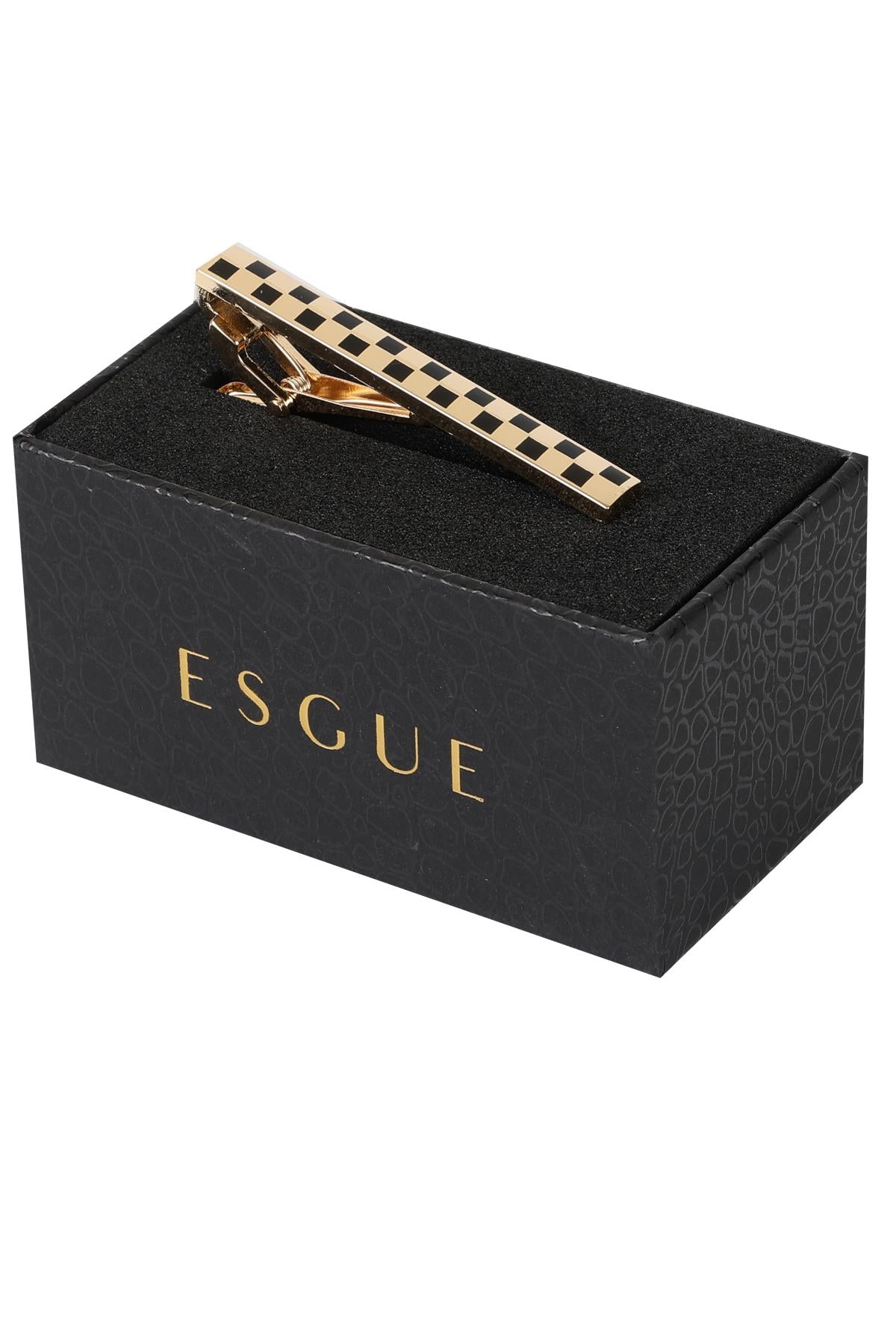 Esgue Gold Siyah Renk Kare Detaylı Şık Kravat Klipsi – KM:1255