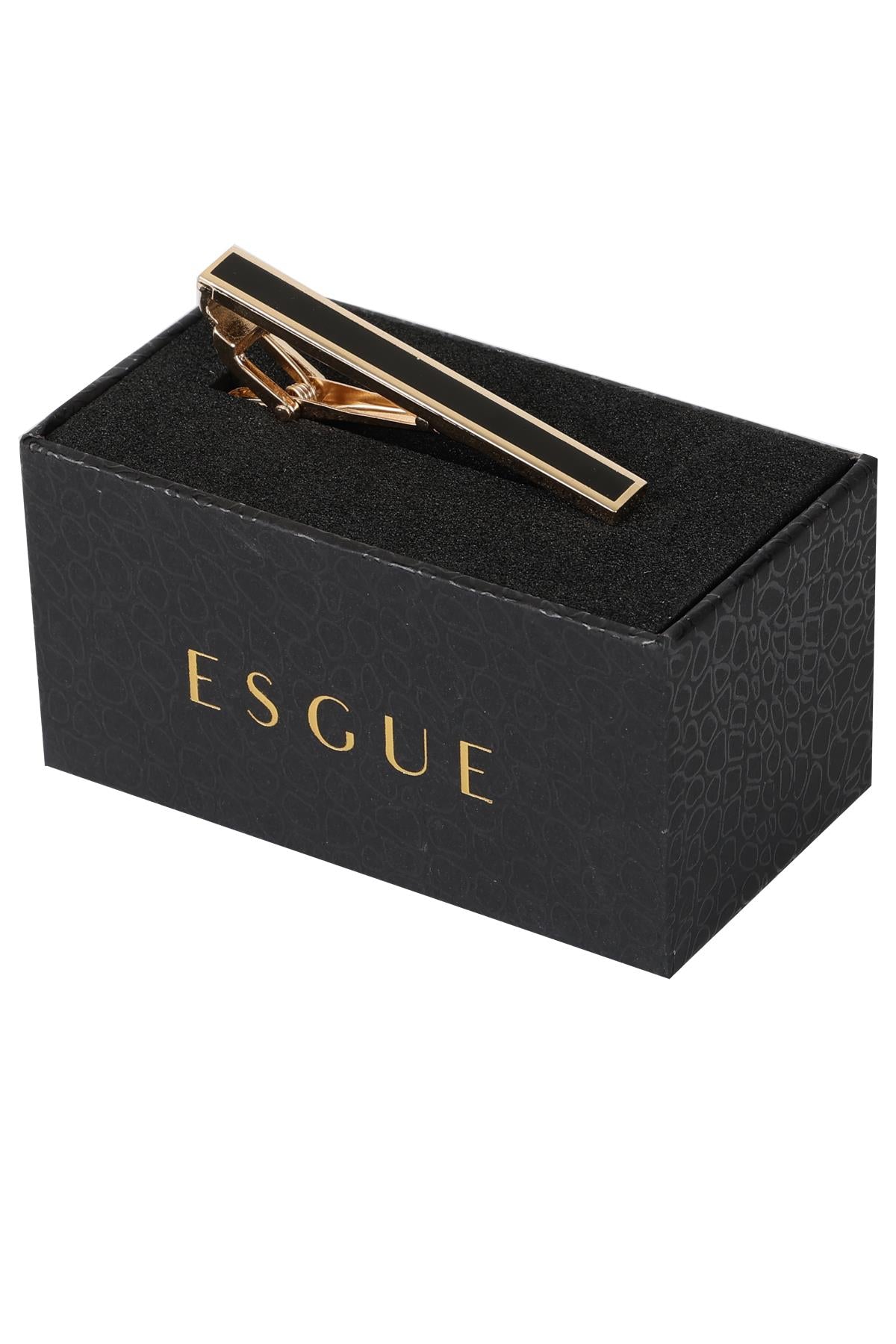 Esgue Gold Siyah Renk Klasik Düz Şerit Tasarım Kravat Klipsi – KM:1253