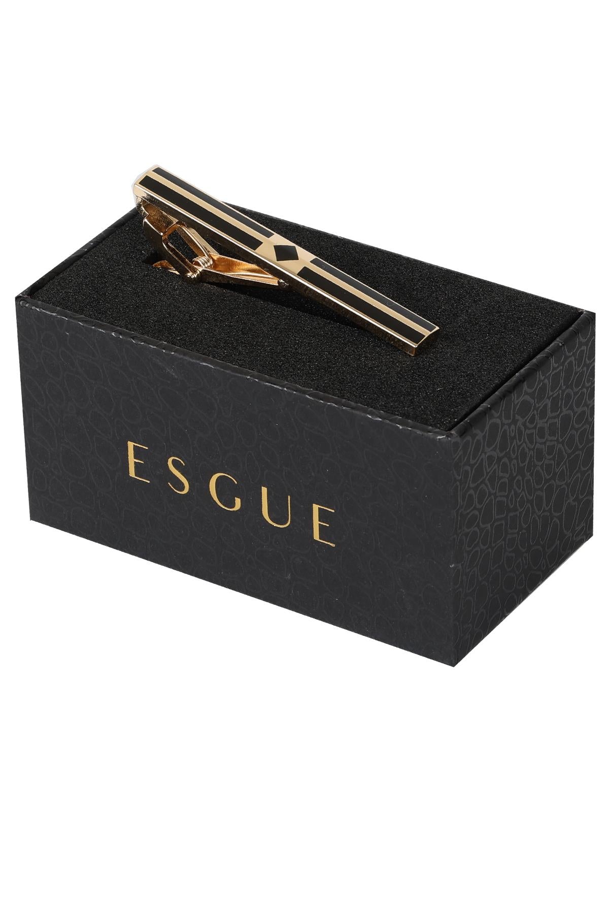 Esgue Gold Siyah Renk Ortası Kare Detaylı Şık Kravat Klipsi – KM:1264