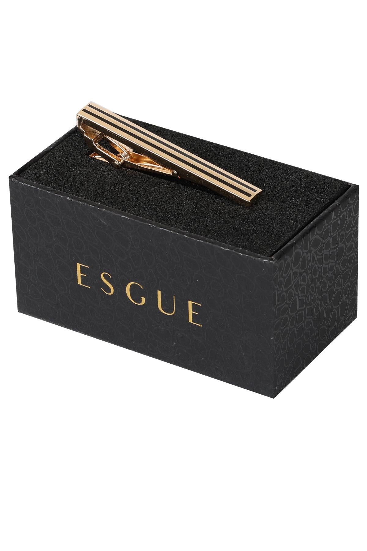 Esgue Gold Siyah Renk Parlak Çizgili Modern Kravat Klipsi – KM:1269