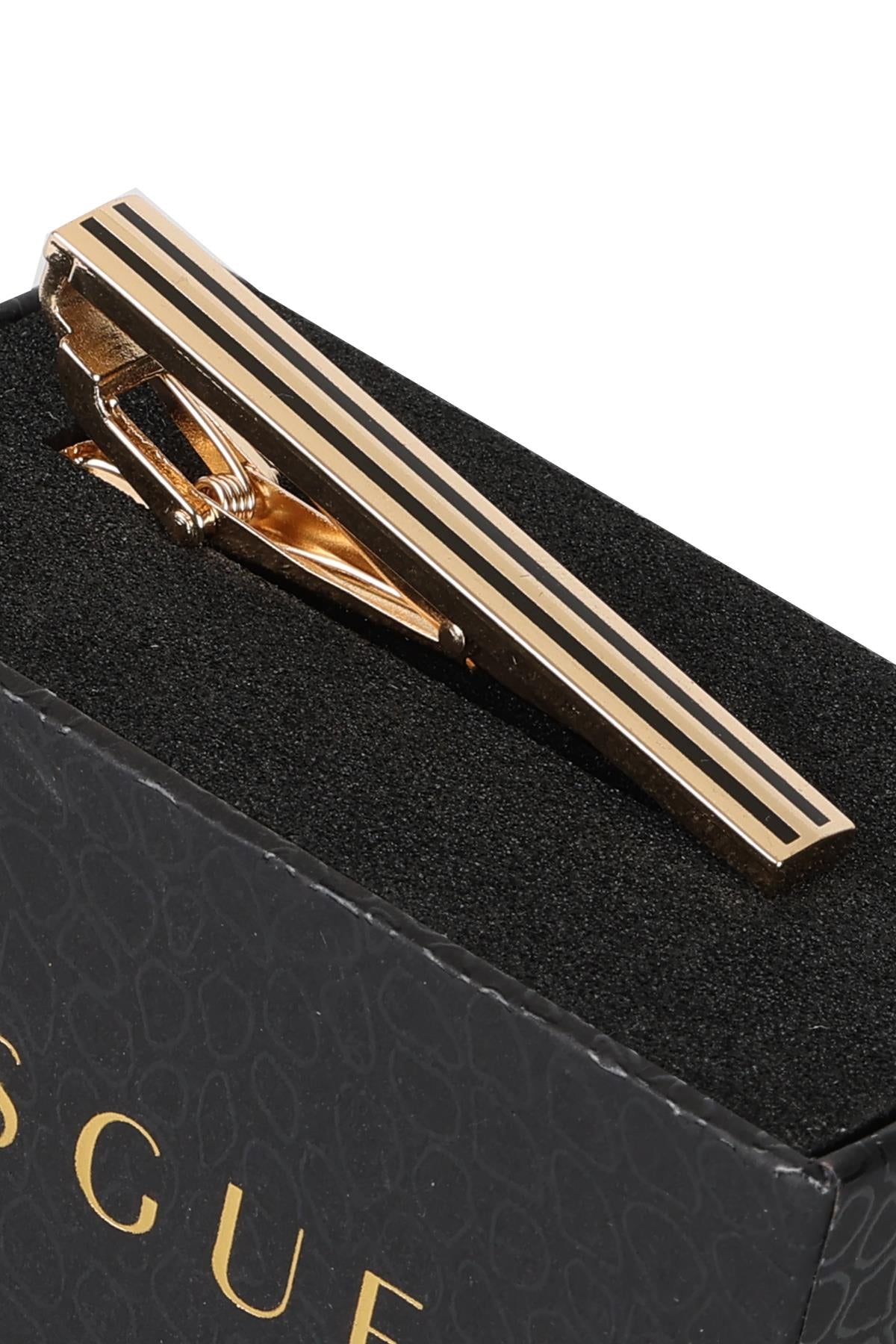 Esgue Gold Siyah Renk Parlak Çizgili Modern Kravat Klipsi – KM:1269
